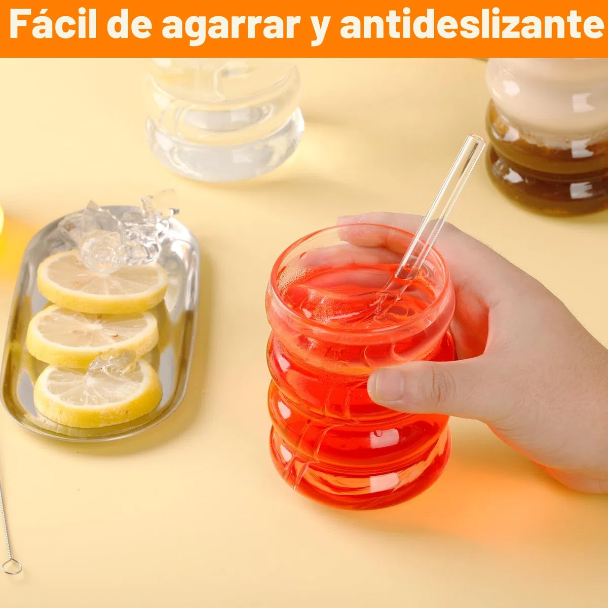 Withosent 300ml Vasos de Cristal Agua con Pajita, 4pcs Vasos de Cristal Ondulados Estilo Vintage, Juego de Vasos Agua para Café, Yogur, Soda, Cocktail, Cerveza, Batidos, Whisky