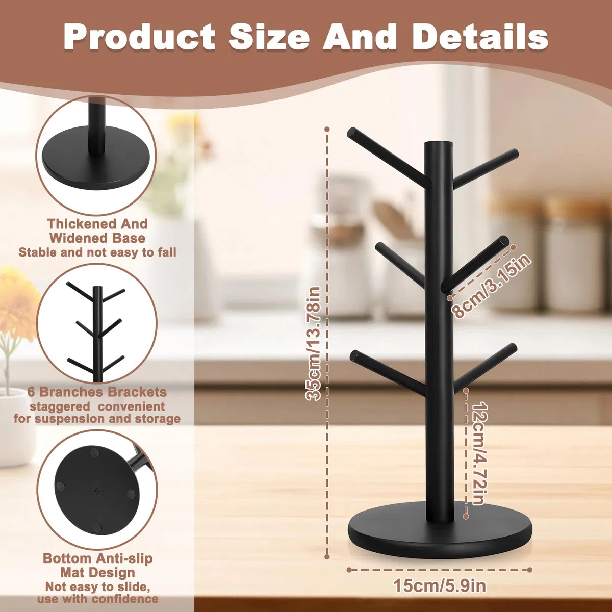 Portavasos Bambú con 6 Ganchos, Soporte Tazas Café con Base Engrosada, Copa Árbol, Estante Almacenamiento, Organizador Colgar para Encimera, Mostrador, Cocina, Oficina, Barra Cafe, Hogar (Negro)