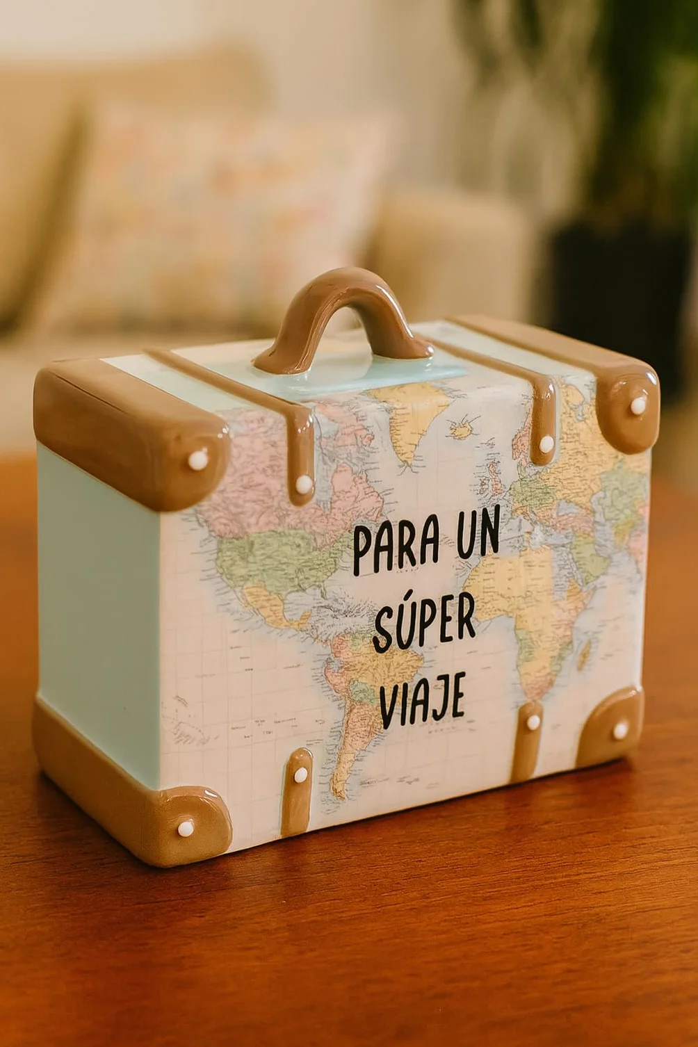 Hucha Decorativa Maleta Ceramica - para un Super Viaje, 14,7 x 13 x 7,1 cm. Hucha con Tapa.