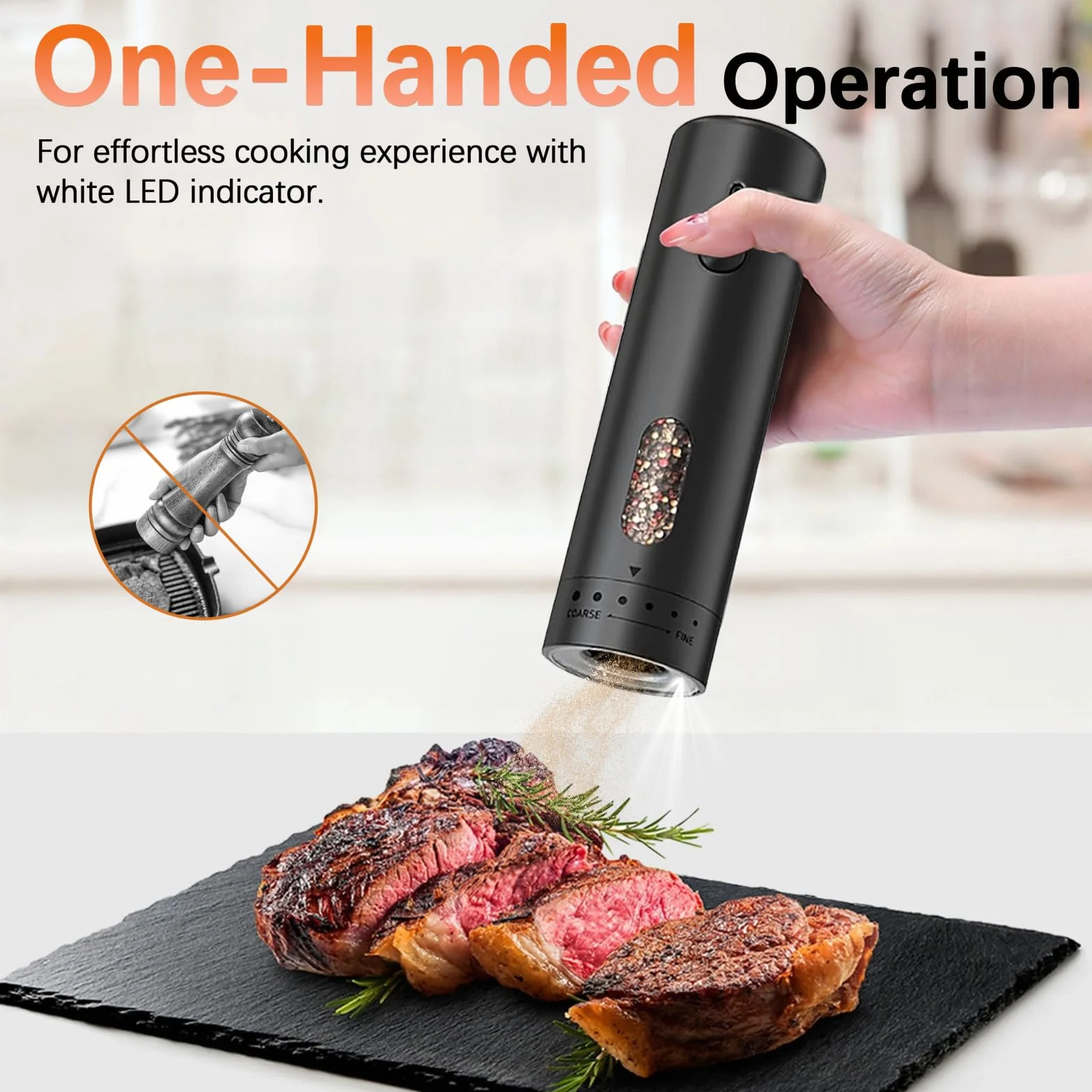MERTTURM Molinillos de Pimienta Eléctricos Recargables, Molinillo de Especias con Luz LED, Granero de 110 ml, Grosor externo ajustable Molinillo de Sal para Cocina, BBQ, Negro(1PCS)