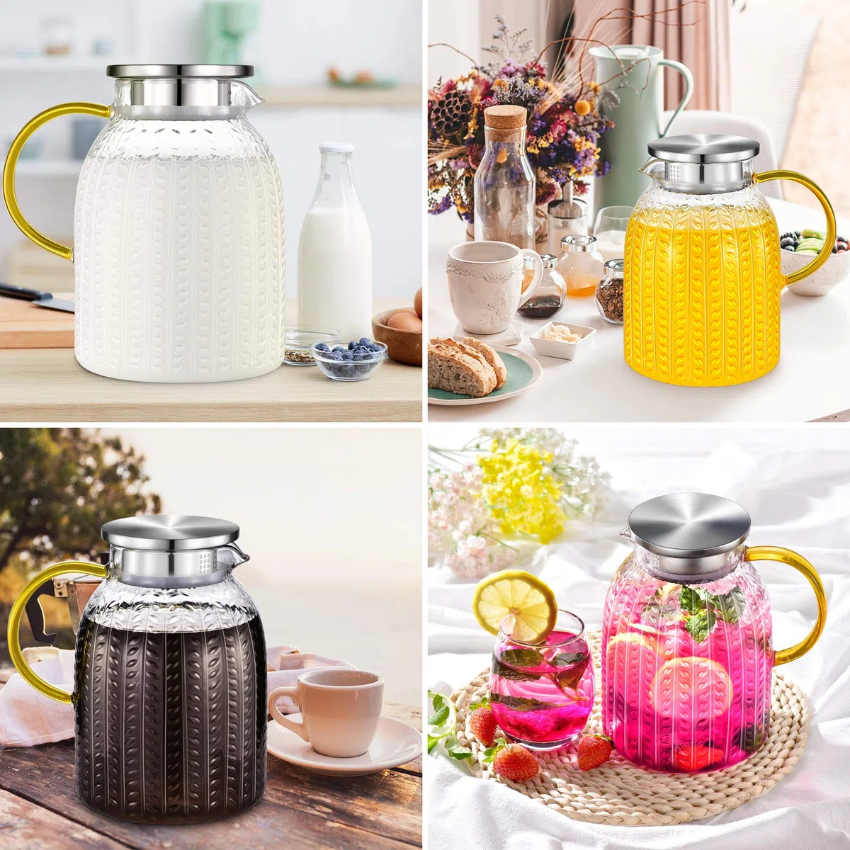 Aofmee Jarra Agua Cristal, Botella Agua Cristal 1,8 Litro con Cepillo, Jarra Agua con Tapa de Acero Inoxidable, Jarra para Agua, Té, Zumo, Leche y Sangria, Bebidas frías y Calientes