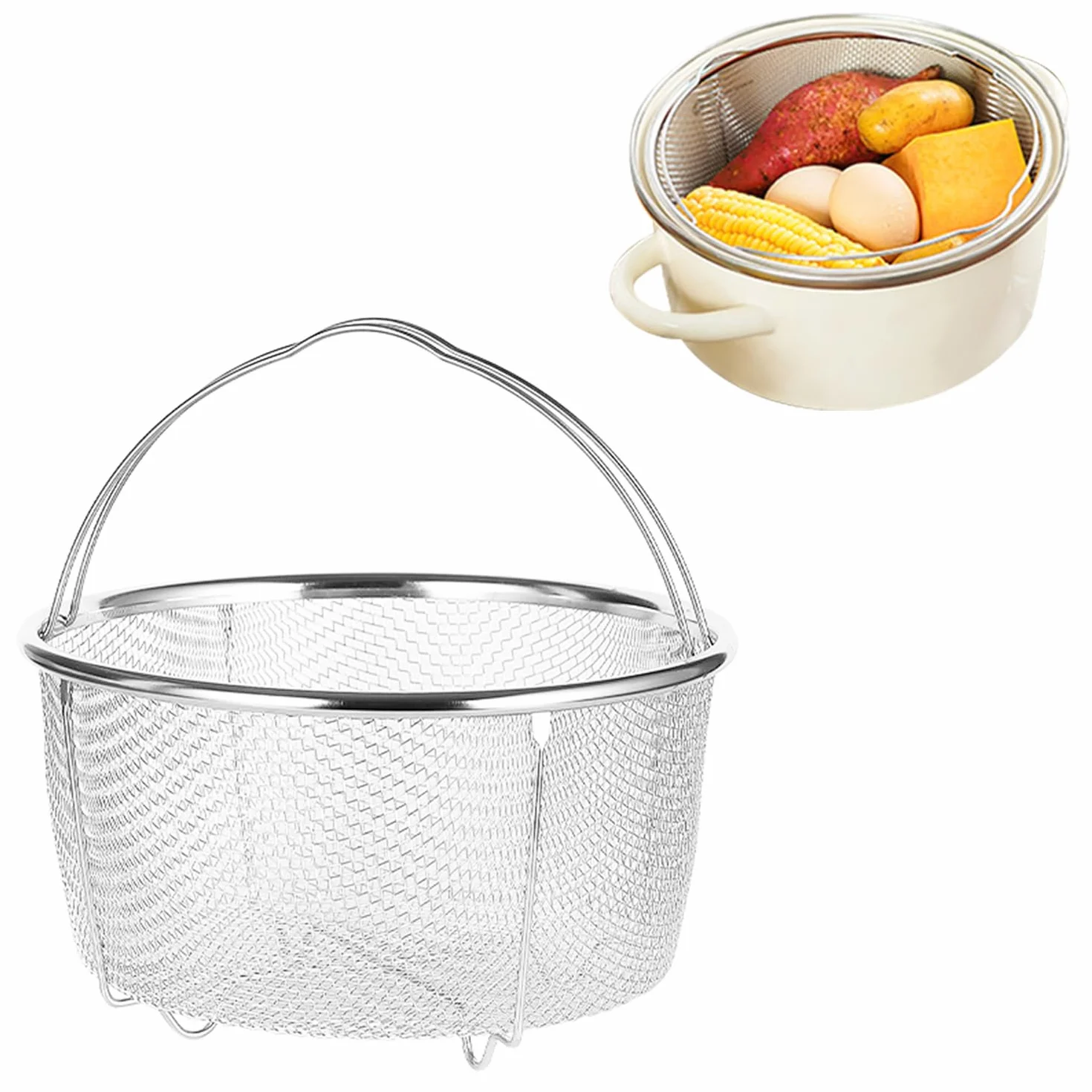 Tissting Cesta de Malla para Cocinar al Vapor, 18cm Cesta de Vapor de Olla de Malla de Acero Inoxidable con Asas Cómodas, Cesta de Drenaje para Freír en la Cocina