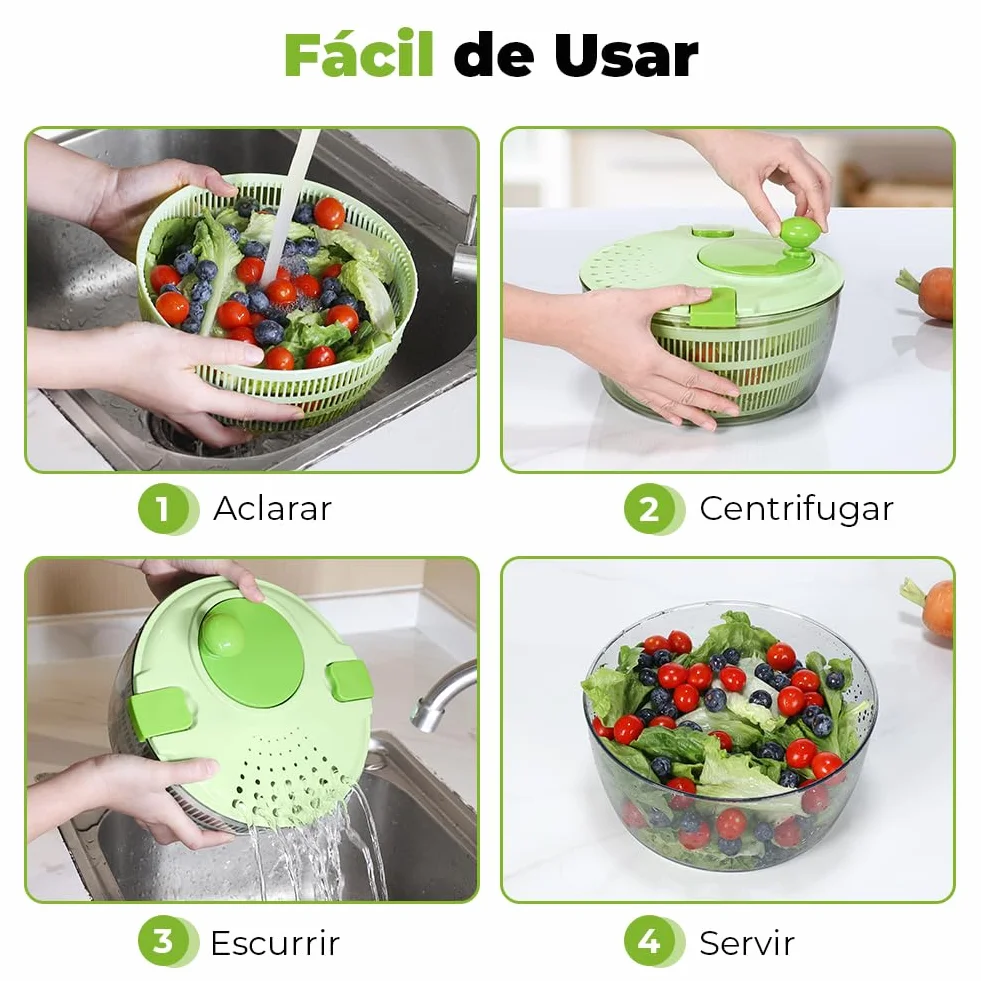 Centrifugadora Lechuga, Gran Capacidad 4,5L Escurridor Verduras, Escurridor Lechuga con Bol y Cesta de Malla, Lava y Seca Rápidamente Verduras y Frutas