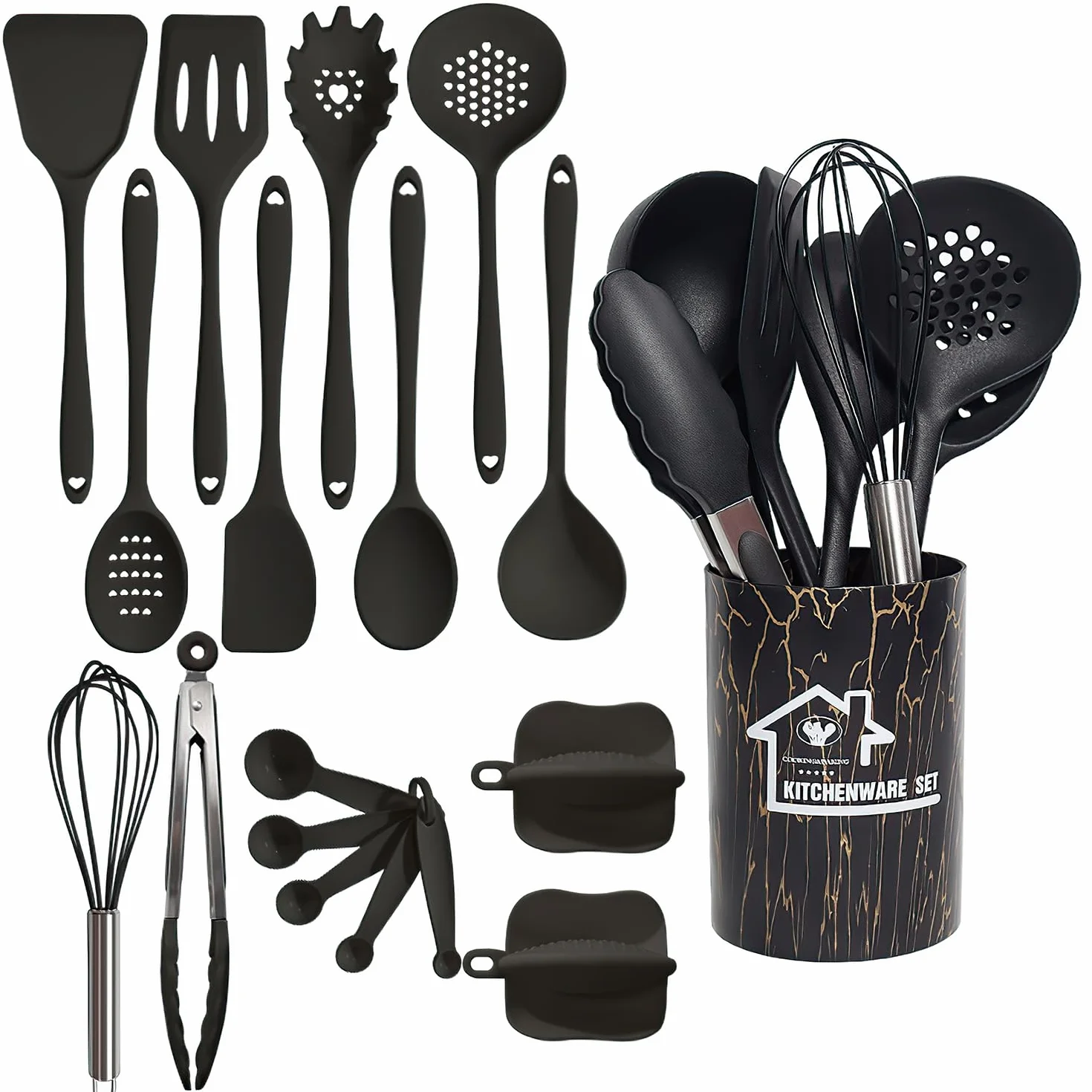 18 Piezas Utensilios de Cocina de Silicona Resistente al Calor Con Cubo para Guardar (Negro)