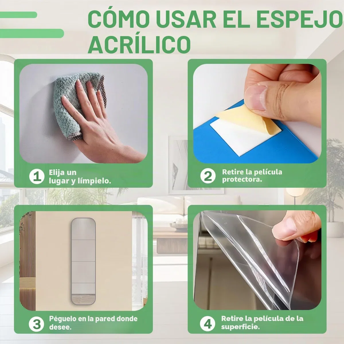 Espejos adhesivos para paredes de 12 x 12 pulgadas, 4 espejos acrílicos autoadhesivos, espejo de pared inastillable de alta transparencia, espejo de gimnasio grande para baño, entrenamiento