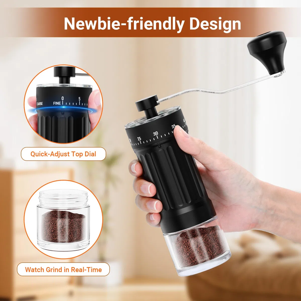 Euqvunn Molinillo Café Manual con Muela Cerámica, 40 Ajustes de Molienda Precisos para French Press, Pour-Over, Moka Pot y Más, Capacidad de 30g