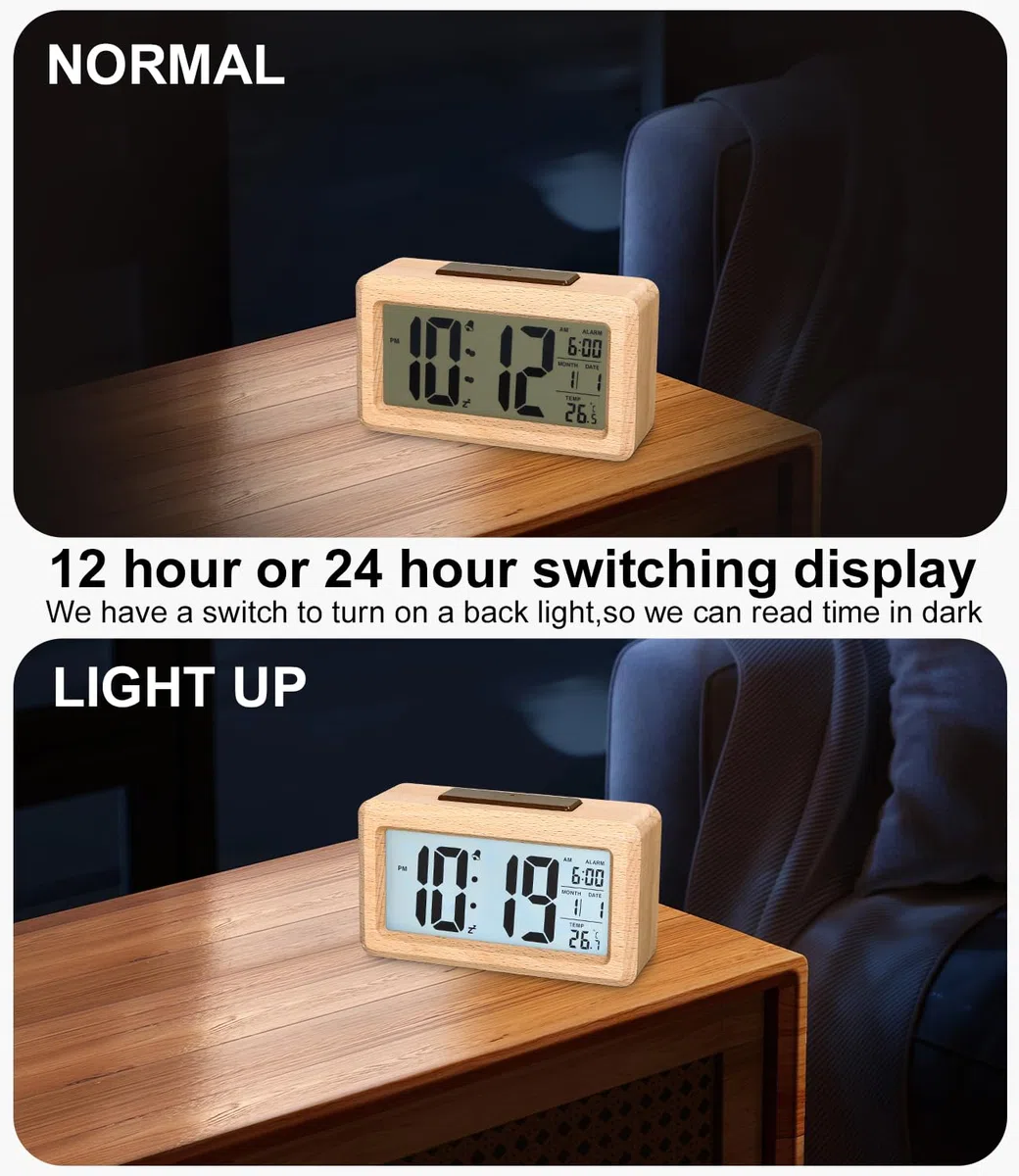 Despertador Digital, Despertador de Madera con Gran Pantalla, Reloj de sobremesa con módulos sensores, Reloj Digital con módulos Snooze, 12/24 Horas, Fecha, visualización de Temperatura,