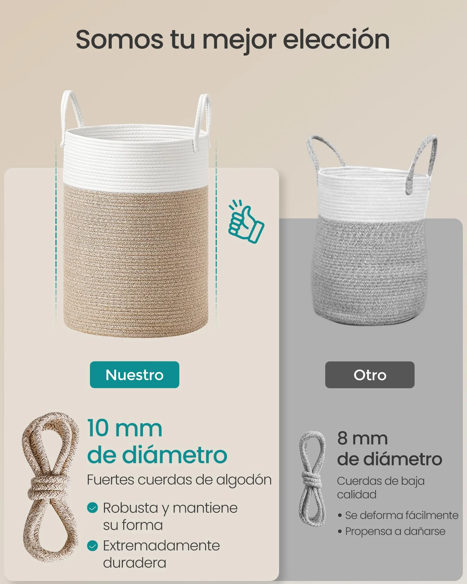 SONGMICS Cesto para Ropa Sucia 60 L Cuerda de Algodón 35 x 35 x 50 cm Blanco y Marrón Grisáceo