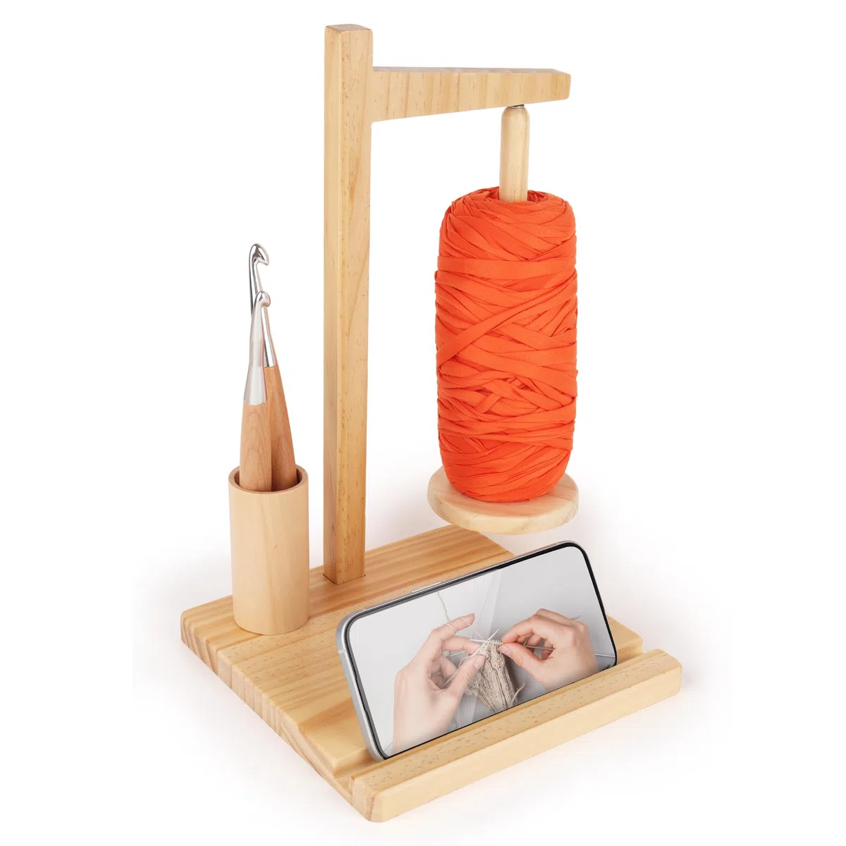 Coopay Desenredador de lana magnético para ganchillo, carrete de lana de madera multifuncional giratorio con soporte para teléfono, soporte para bolas de lana de madera, soporte giratorio para tejer