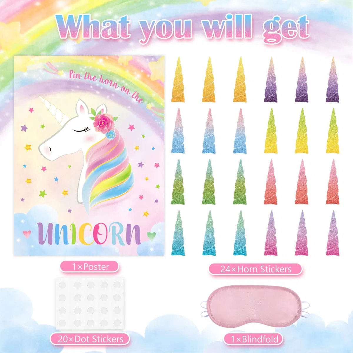 Juego de Fiesta de Unicornio - 53cm x 72cm Suministros para Fiestas Temáticas de Unicornio para Niñas y Niños Ponle el Cuerno al Unicornio con 24 Pegatinas de Cuerno Cartel del Juego de Cumpleaños