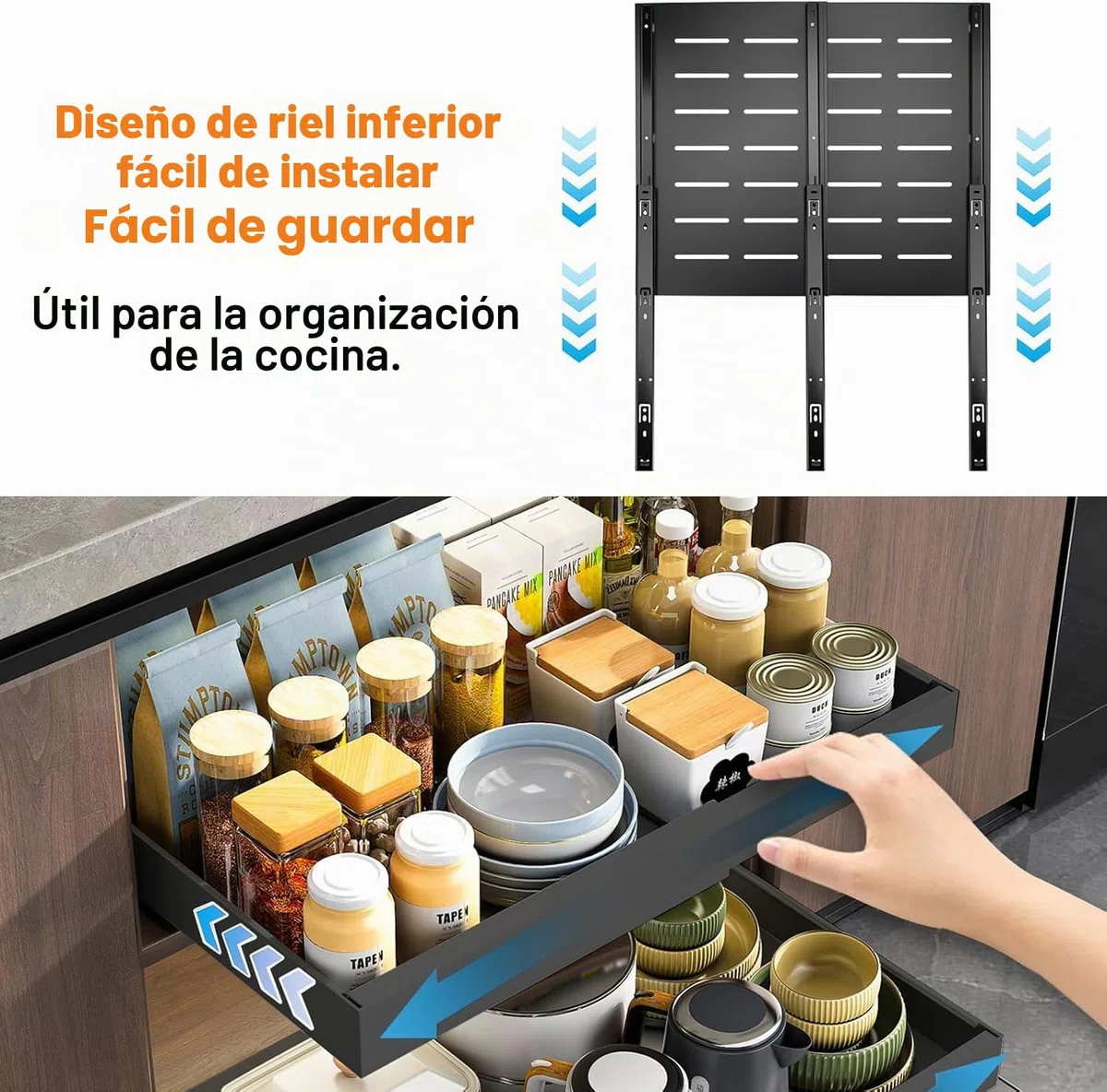 Cajones Extraibles Para Cocina,Bandeja Armario Telescópico Adhesivos,Cajones Deslizantes Para Cocina,Ancho Ajustable De 32 a 53 Cm Con Riel Autoadhesivo Silencioso,No Requiere Taladrar Ni Clavar