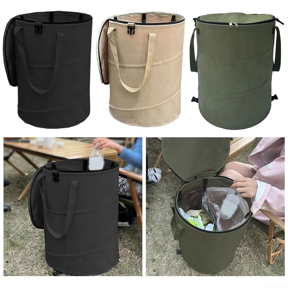 Cubo de basura para exteriores con diseño plegable, adecuado para acampar y picnics, hecho de tela Oxford para resistir la intemperie y fácil mantenimiento (es negro)