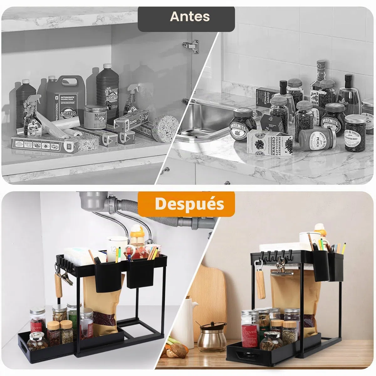 Estante Cocina Fregadero, 2 Niveles Fregadero Cocina, Estanterias Almacenaje Cocina, Bajo Fregadero Cocina, Extraible Cocina de Almacenamiento