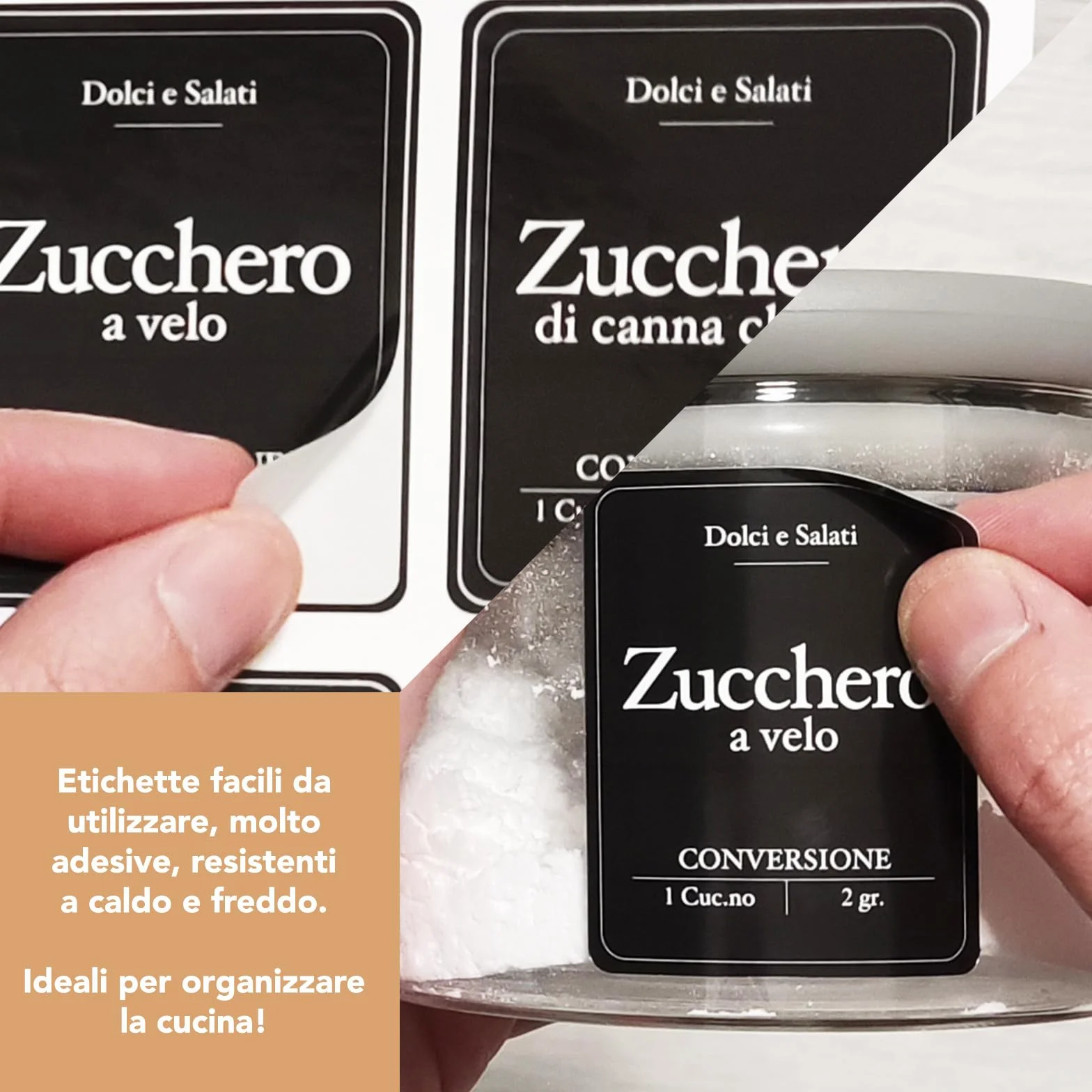 Etiquetas adhesivas impermeables lavables para tarros dulces salados negros italiano con tabla de conversión