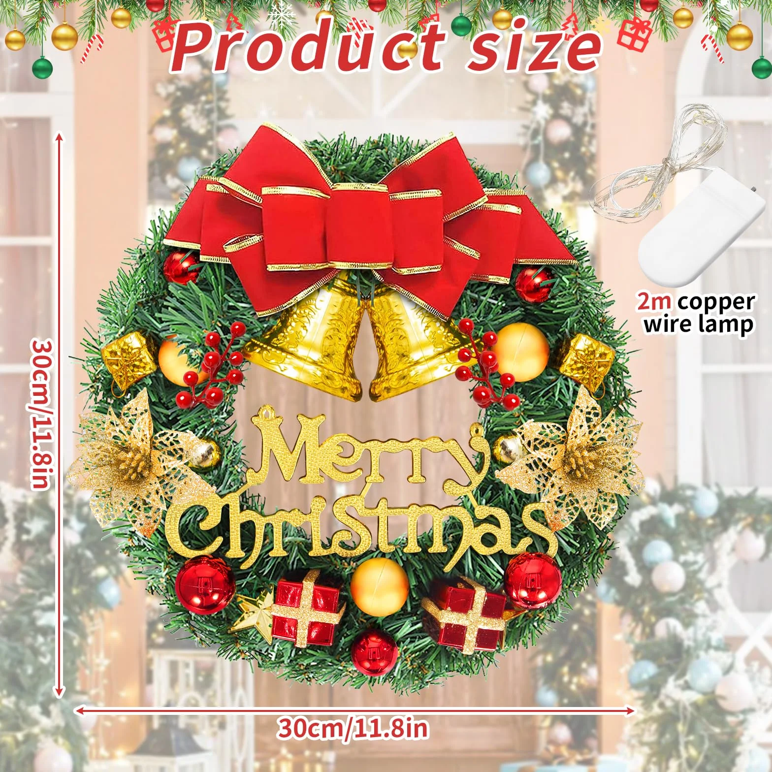 Corona Navidad Puerta, Corona navideña Artificial con Luces, 30 cm, Decoración para chimeneas y Paredes.