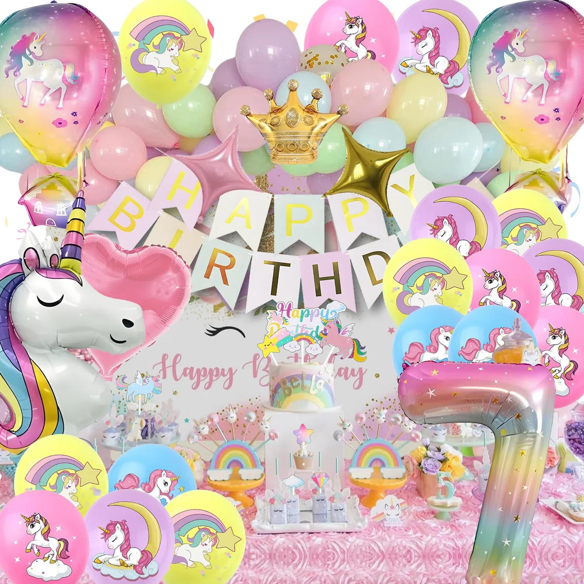 Decoracion Cumpleaños Unicornio Niña 7 Años, 3D Globo de Cumpleaños Unicornio Infantil Decoraciones Tartas y Bandera (Kit Unicornios para Niñas 7 Años)