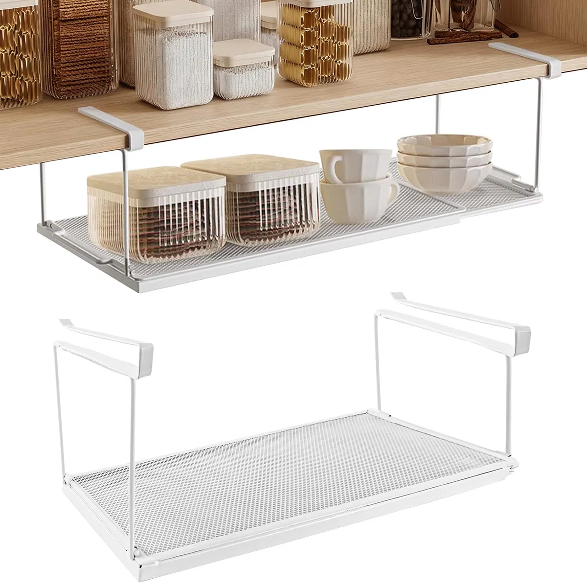 Cesta Colgante Extensible | Organizador Armario Cocina | Cesta Colgante de Metal para Estante Inferior Ajustable de 38-70 cm para Armarios de Cocina, Despensa, Zapateros y Armarios (Blanco)