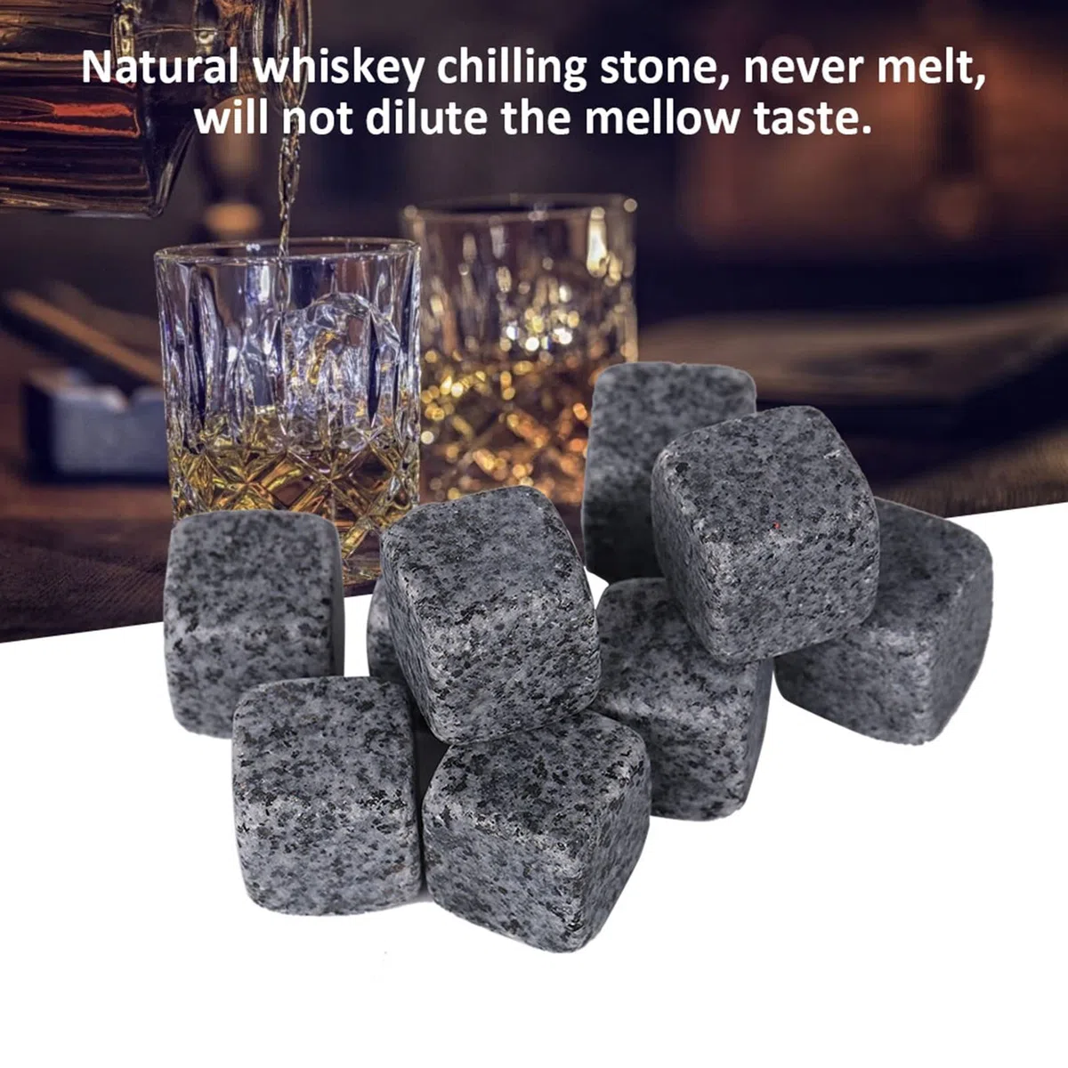 Helado. Whisky Stone 9 granito piedras frías no se derriten Mantener el sabor Ideal para cerveza, vino y cócteles, elegante en caja de madera (Szary sezam)