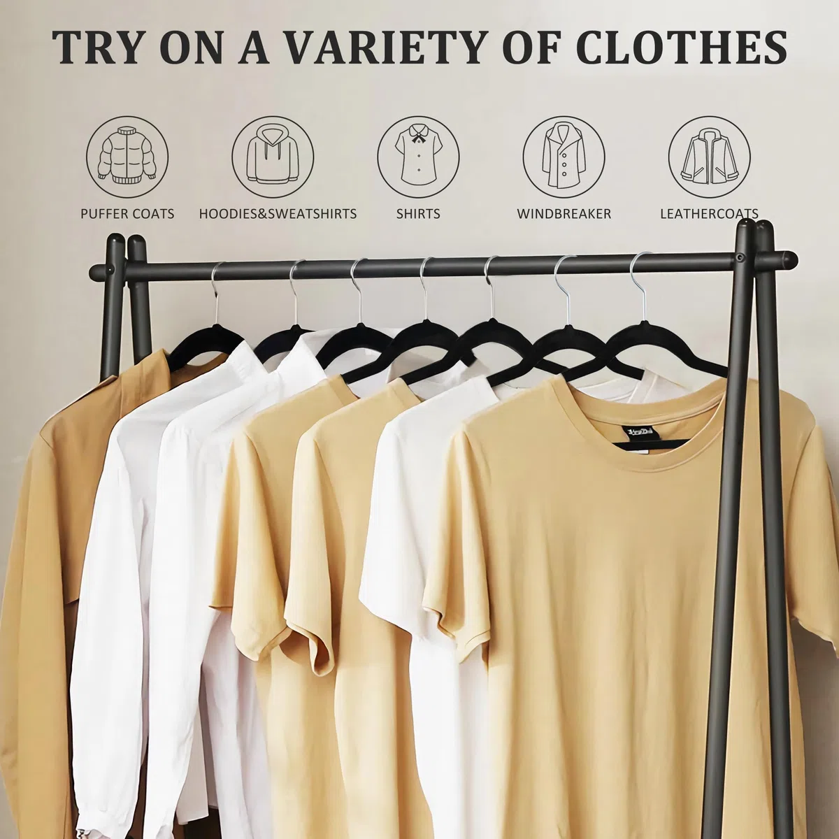 Pack de 50 Perchas de Ropa plástico Terciopelo Negro Antideslizante Cabezal Giratorio Finas para Camisetas Pantalones Camisas. Ahorra Espacio. Ranuras para Hombros.