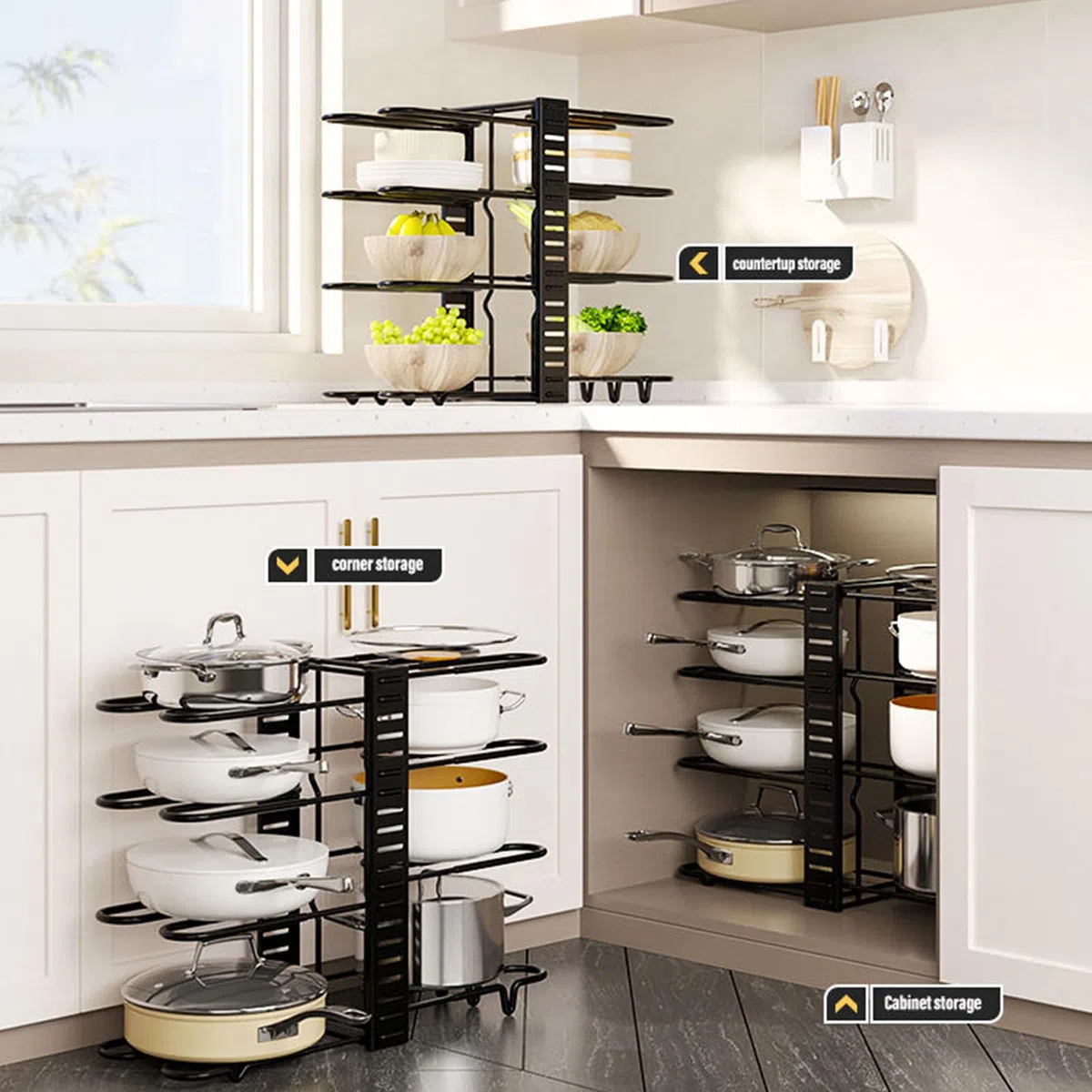 Organizador de ollas y sartenes con 8 niveles, soporte ajustable para hasta 8 ollas y sartenes, organizador para armarios de cocina, 48 x 20,5 x 38 cm