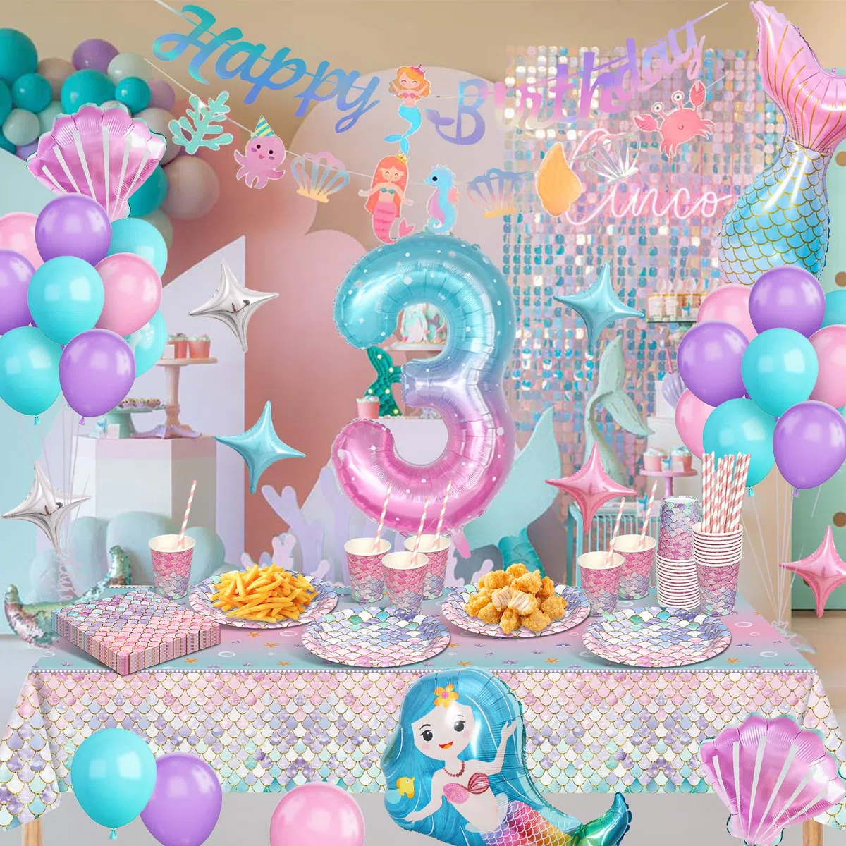 Sirena Vajilla y Decoraciones para Fiesta de Cumpleaños - 3 Años - Juego de Vajilla, Globos Decorativos para Niña - 16 Invitados