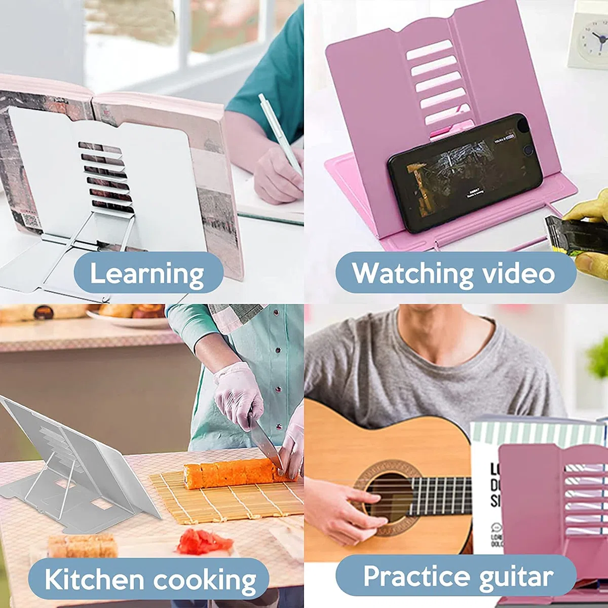 2 Piezas Atril para Libros Metal, Soporte de Lectura Soporte para Lectura de Libros de Cocina con 6 ángulos Ajustables para Librospara Recetas Libros de Texto Documentos (Rosa+Azul)