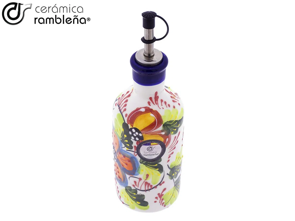 CERÁMICA RAMBLEÑA | Aceitera Amazon | Aceitera antigoteo cerámica decoración Blanca - Modelo 01 | 500 ml | 100% Decorado a mano | 7x7x24 cm
