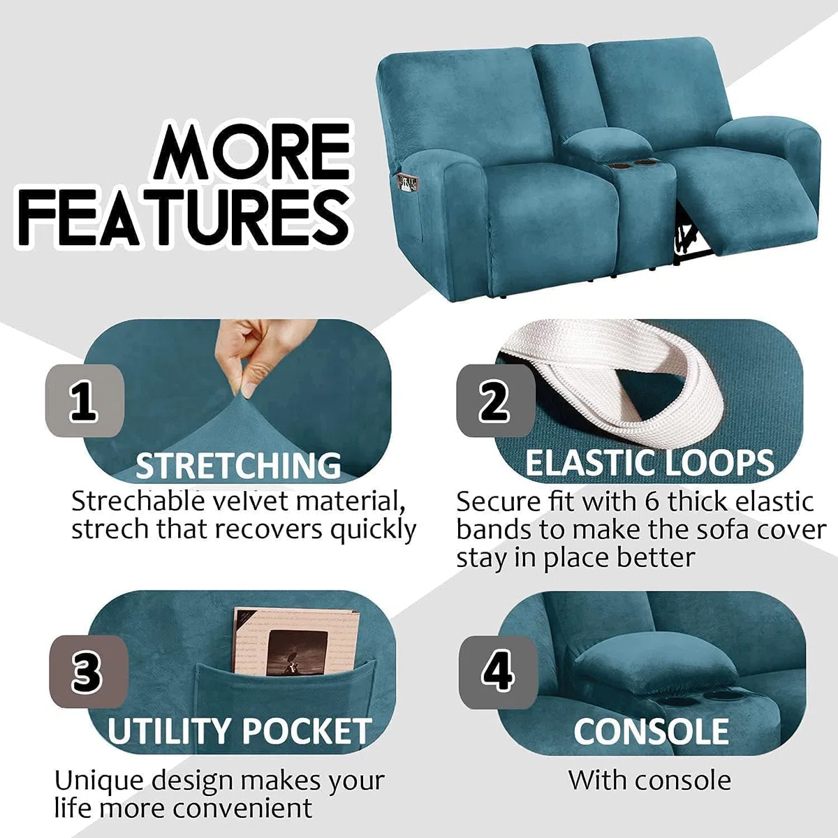 Fundas reclinables de Terciopelo elástico, Fundas Suaves para sofá reclinable con Consola Central, Funda Antideslizante para sofá reclinable de 2 plazas, Azul Pavo Real