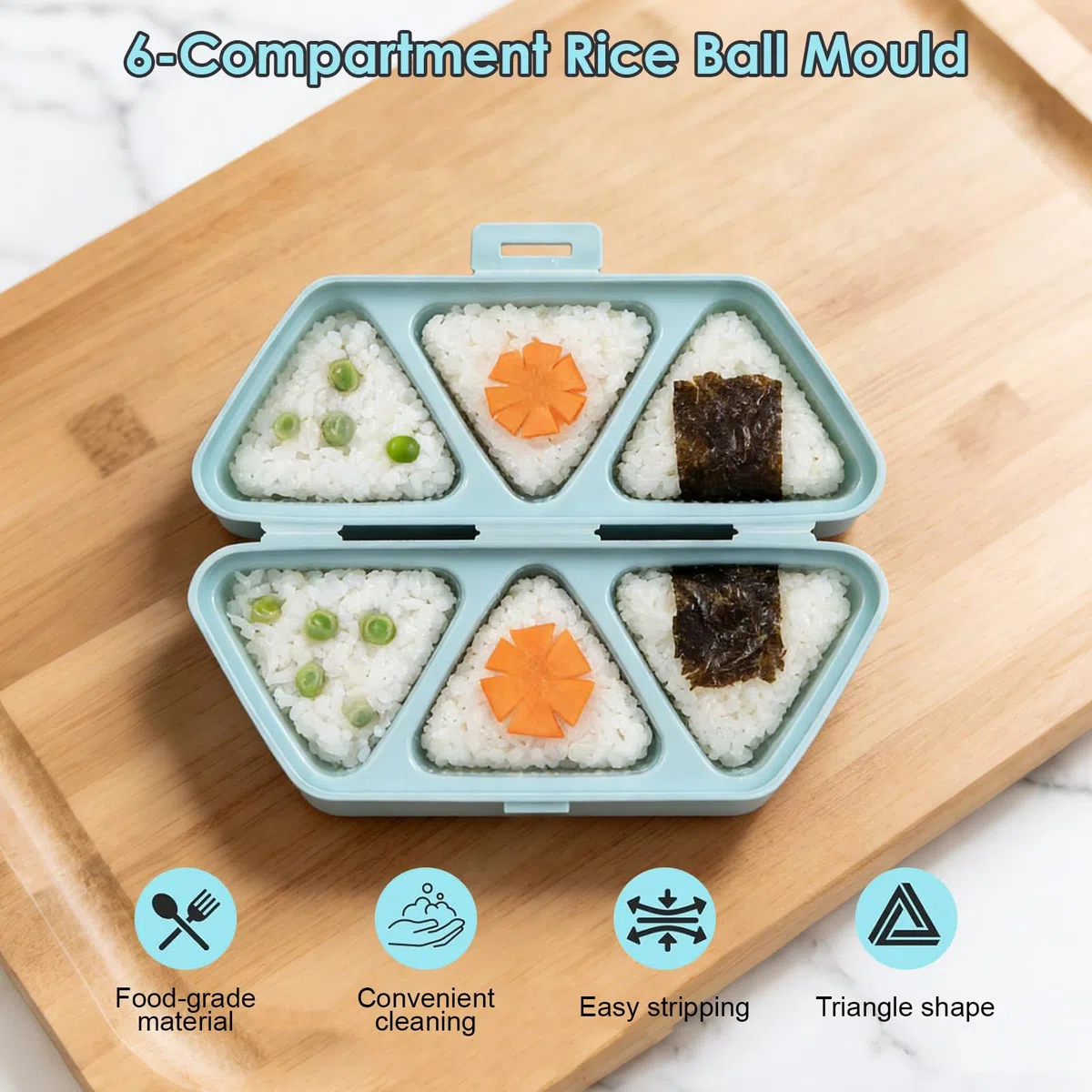 Molde para Onigiri y Fiambrera, 6 en 1 Molde Triangular de Sushi para 6 Onigiri, Kit para Hacer Sushi y Caja de Almacenamiento, para Almuerzo, Picnic y Fiestas