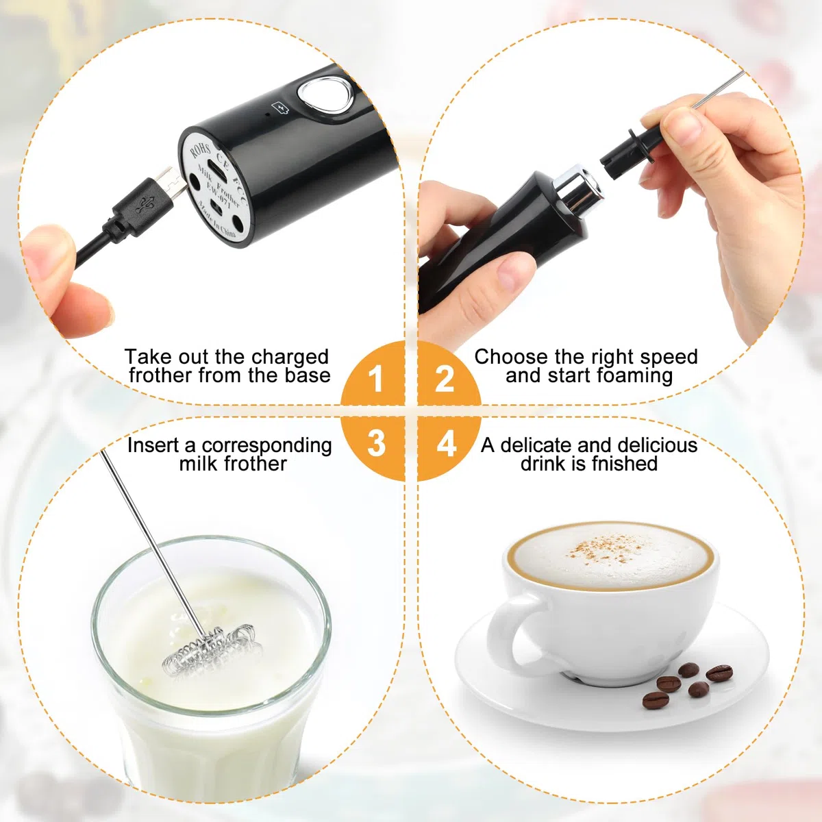 NVIYAM Espumador de Leche, Espumador Leche Electrico - USB Recargable, Mini Batidora Portátil, Espuma Electrico con 3 Batidores de Acero Inoxidable, 3 Velocidades para café, Matcha, capuchino