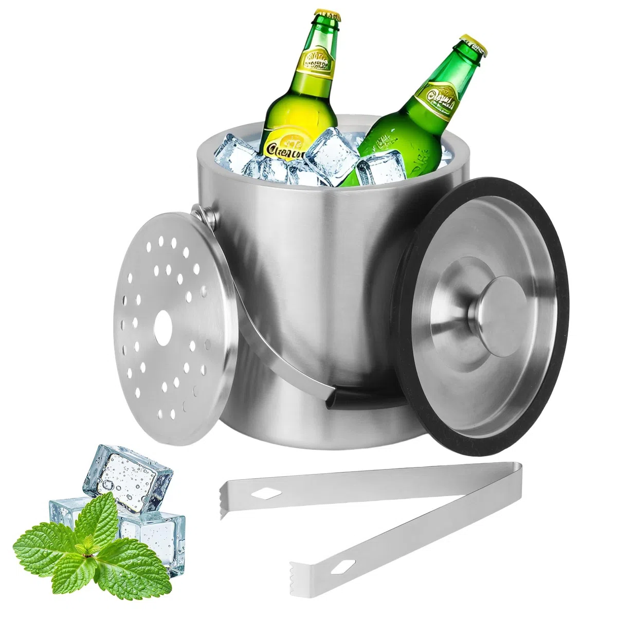 Contenedor de hielo de 2 L, contenedor de hielo de acero inoxidable de 2 L, cubo de hielo de acero inoxidable, de doble pared, contenedor de hielo con aislamiento de doble pared