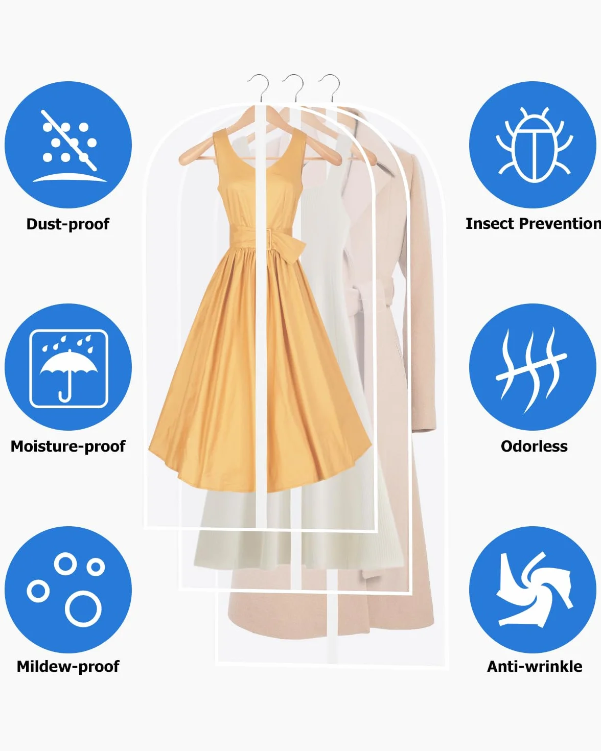 12 Fundas de Ropa, Fundas Armario Transparente 60 x 120/100/80 cm, Bolsas Guardar Antipolvo Impermeable Camisas, Noche, Blanco