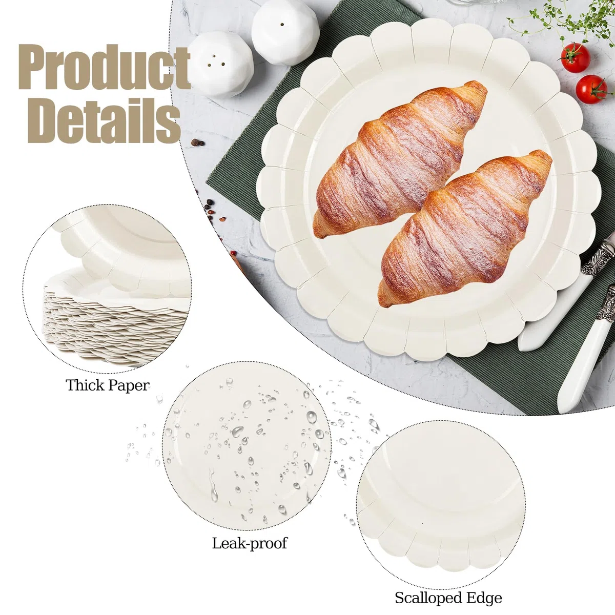 50 platos de papel marfil de 23 cm, platos de fiesta festoneados color crema, platos desechables para pasteles, postres, platos de cena para cumpleaños, baby shower, boda, suministros de