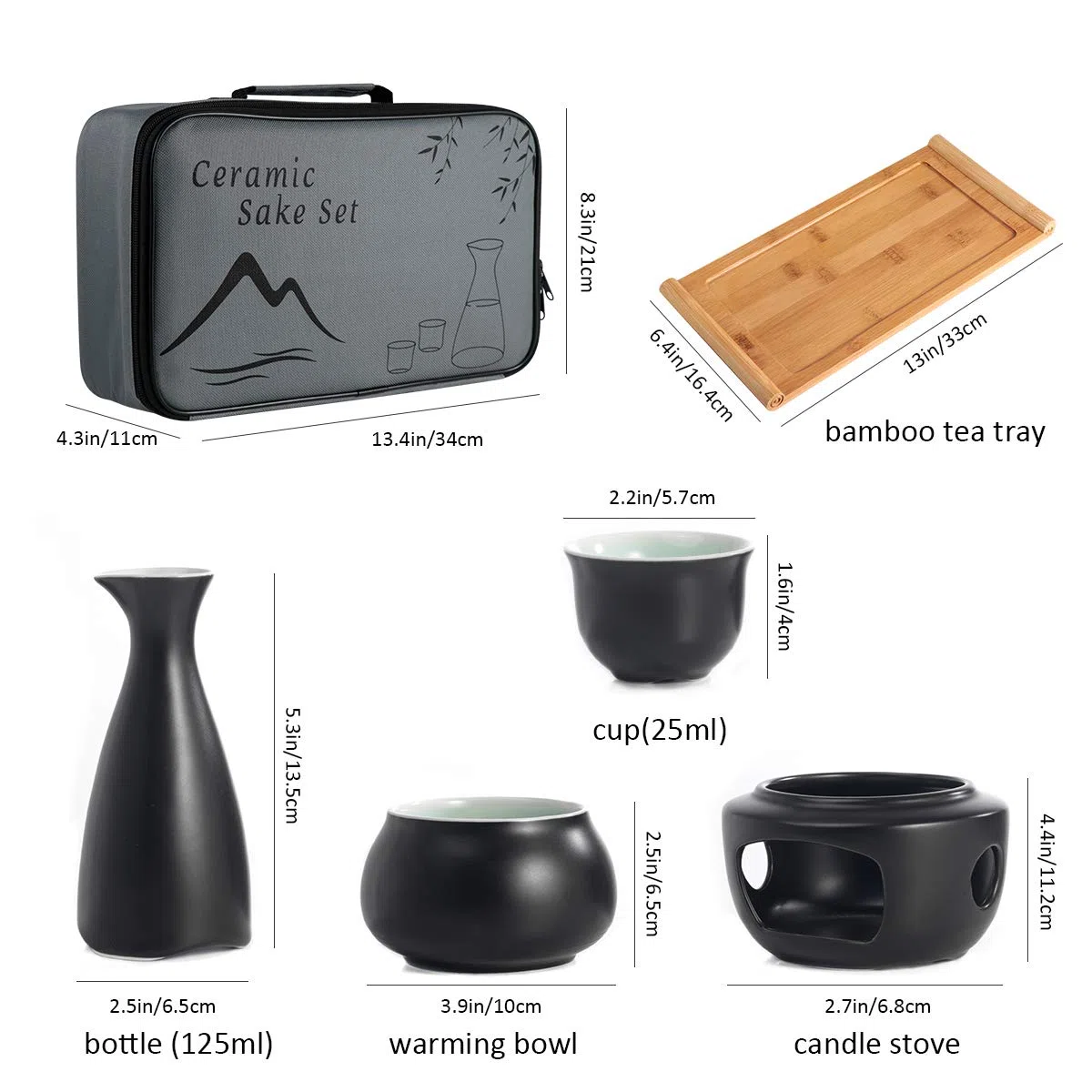 LOUTYTUO Juego de Sake de cerámica + Bandeja de bambú para Olla más Caliente, Bebida Saki Caliente de cerámica Segura para Estufa, Caja de Regalo de Almacenamiento de Sake de 10 Piezas