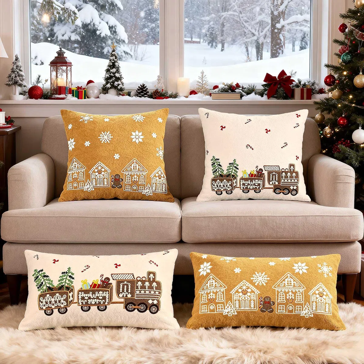 Lanpn Juego de 2 Fundas Cojin Navidad 45x45 cm, Funda Cojines Decorativos Navideños de Hombre de Jengibre Fundas de Almohada Navideñas Decoración Hogar Navidena para Sofá Cama (Beige & Marrón)
