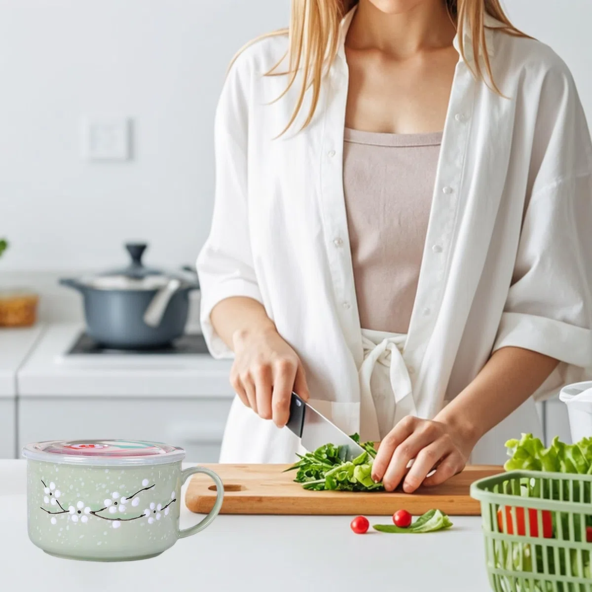 2 cuencos de sopa con asas de 800 ml/28 oz con sellado resistente al calor para microondas con tapa, taza de viaje de cerámica floral invernal para gachas de fideos ramen, cuenco de cerámica con tapa