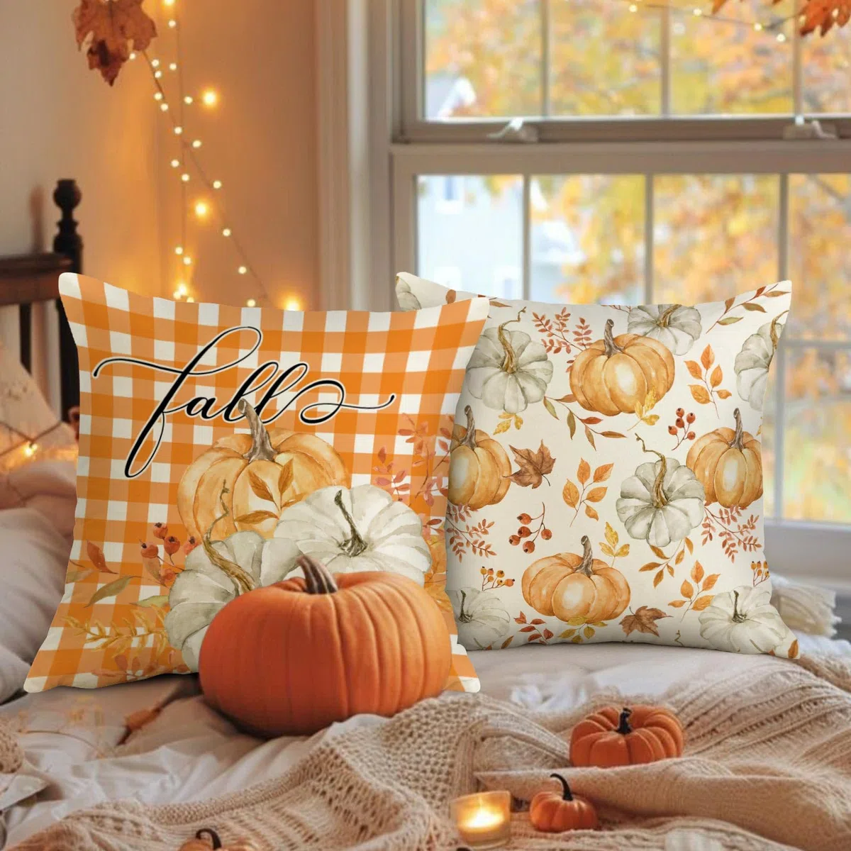 Benjia Juego de 4 Fundas de cojín de otoño de 45x45 cm, Hojas caídas Calabaza Fundas de Almohada de otoño Cubiertas de Almohadas 45 x 45 cm para Acción de Gracias Halloween Home Sofá-Naranja