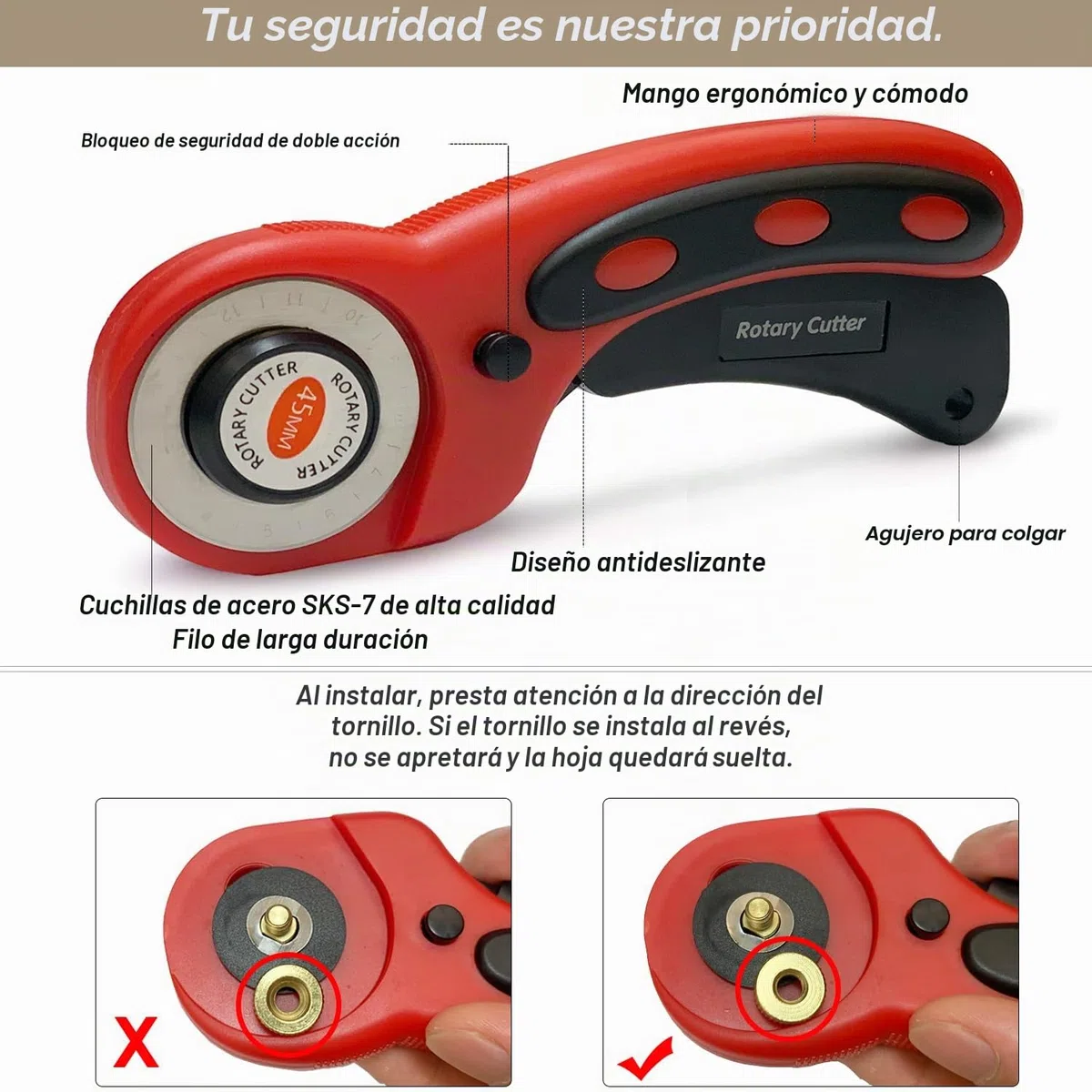 Cuter Rotatori Cúter de Cuchilla Circular Cúter Rotativo con 5 Cuchillas de 45mm Cortador Giratorio con botón de bloqueo Rotary Cutter para Tela Patchwork Costura Manualidades Papel Kraft o Cuero