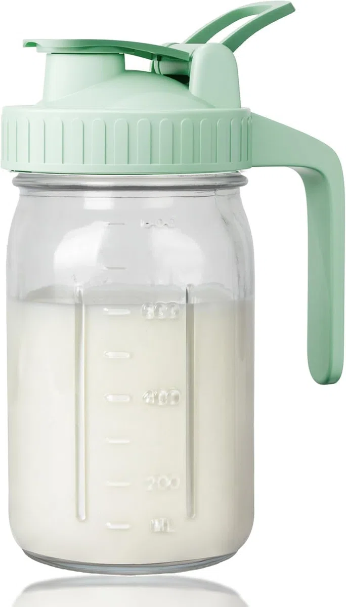 Jarra de leche materna de 32 onzas – 1 tarro de vidrio con tapa a presión y boquilla de vertido, 100% hermética a prueba de fugas para té frío, jugo, café helado