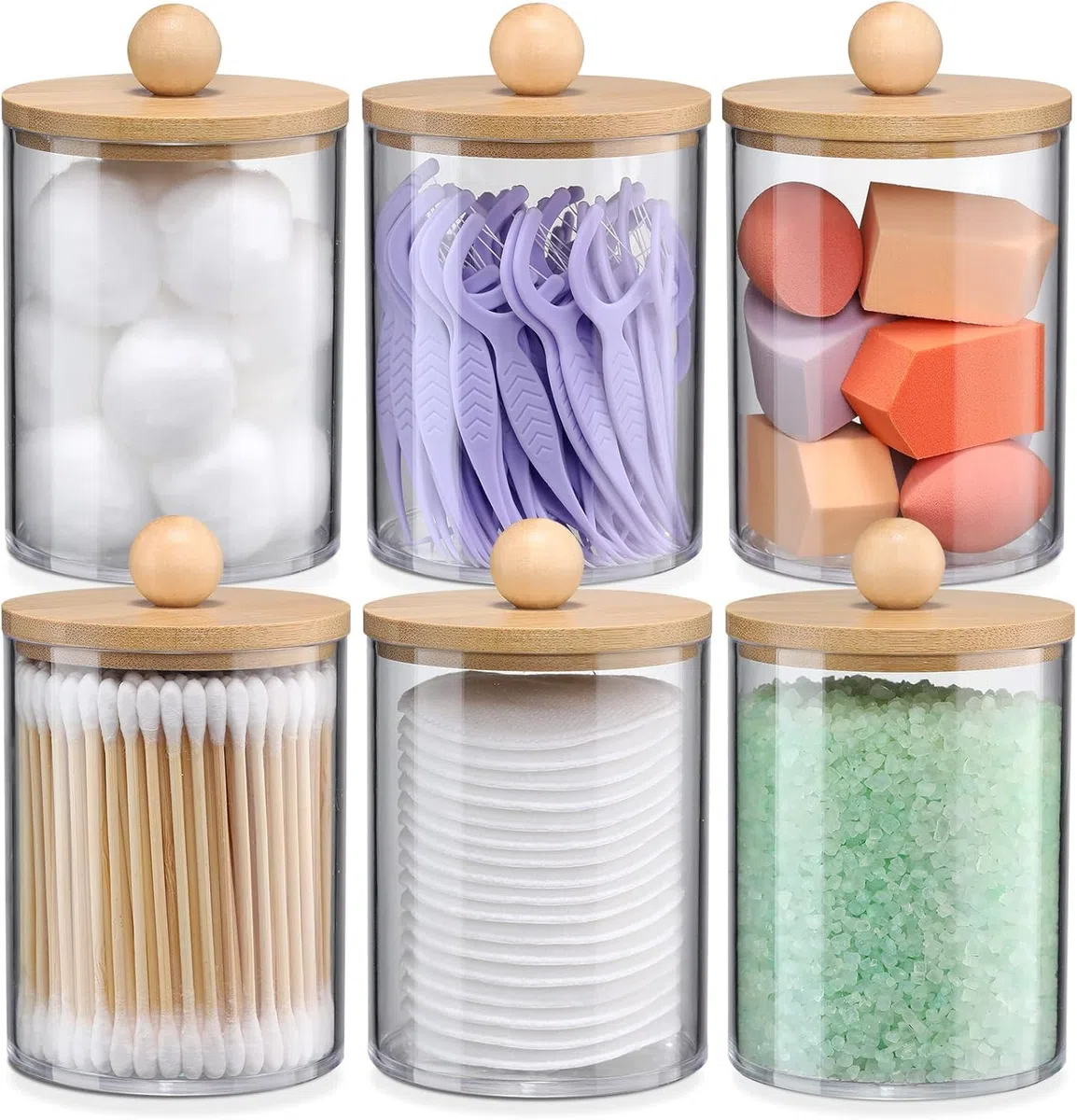 LATERN 6 Piezas Soportes para Discos de Algodón con Tapa de Bambú, 10oz Acrílico Dispensador de Hisopos de Algodón para Tocador, Recipiente Pequeño para Hisopos con 12 Piezas Etiquetas Blancas