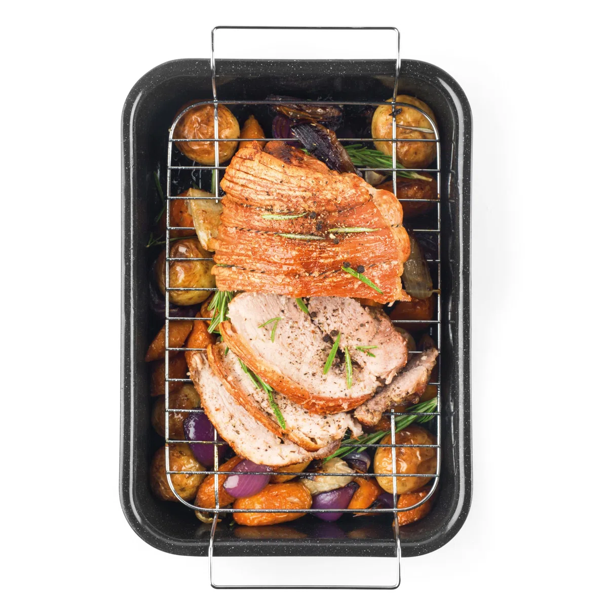 Russell Hobbs CW9161 Fuente para Horno Cuadrada Romano con Esmalte vítreo y Rejilla, 38.5 cm, antiadherente, bandeja honda grande, acabado moteado, negro
