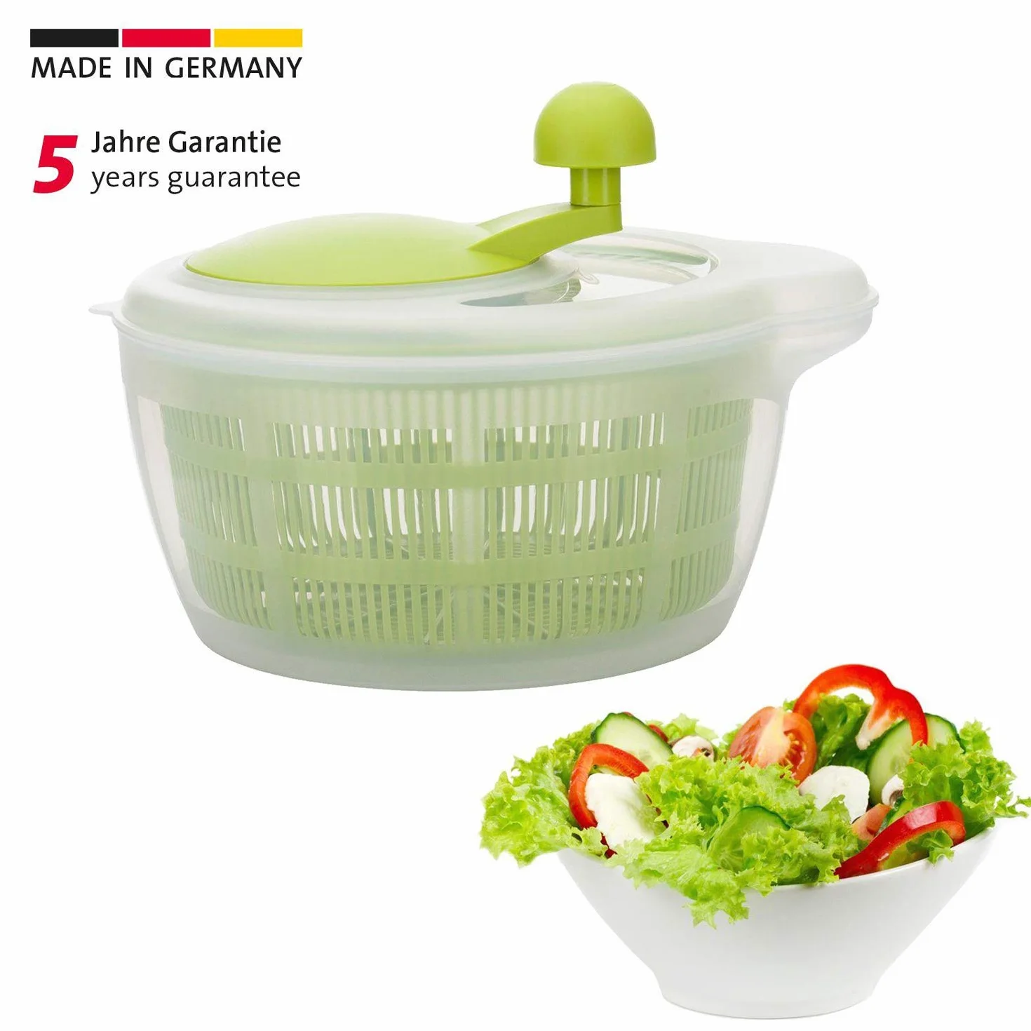 Westmark Ensaladera, Capacidad: 5 litros, ø 26 cm, Plástico, Sin BPA, Fortuna, Color: transparente/verde,243222E1