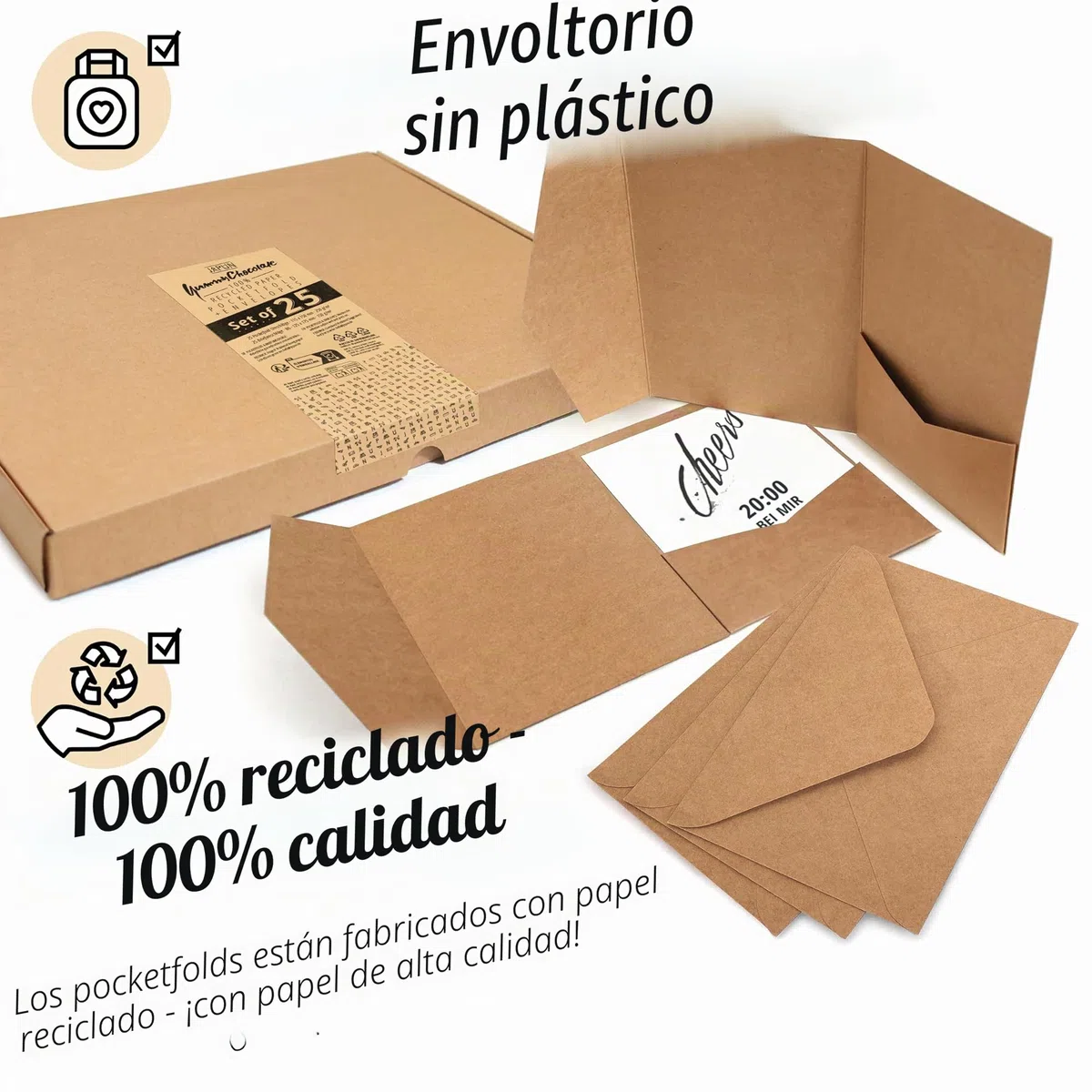 Japun - Pocketfold, Tarjetas de papel kraft en blanco plegables de bolsillo que incluyen sobres (DIN B6), boda, invitación - marrón - 25 piezas