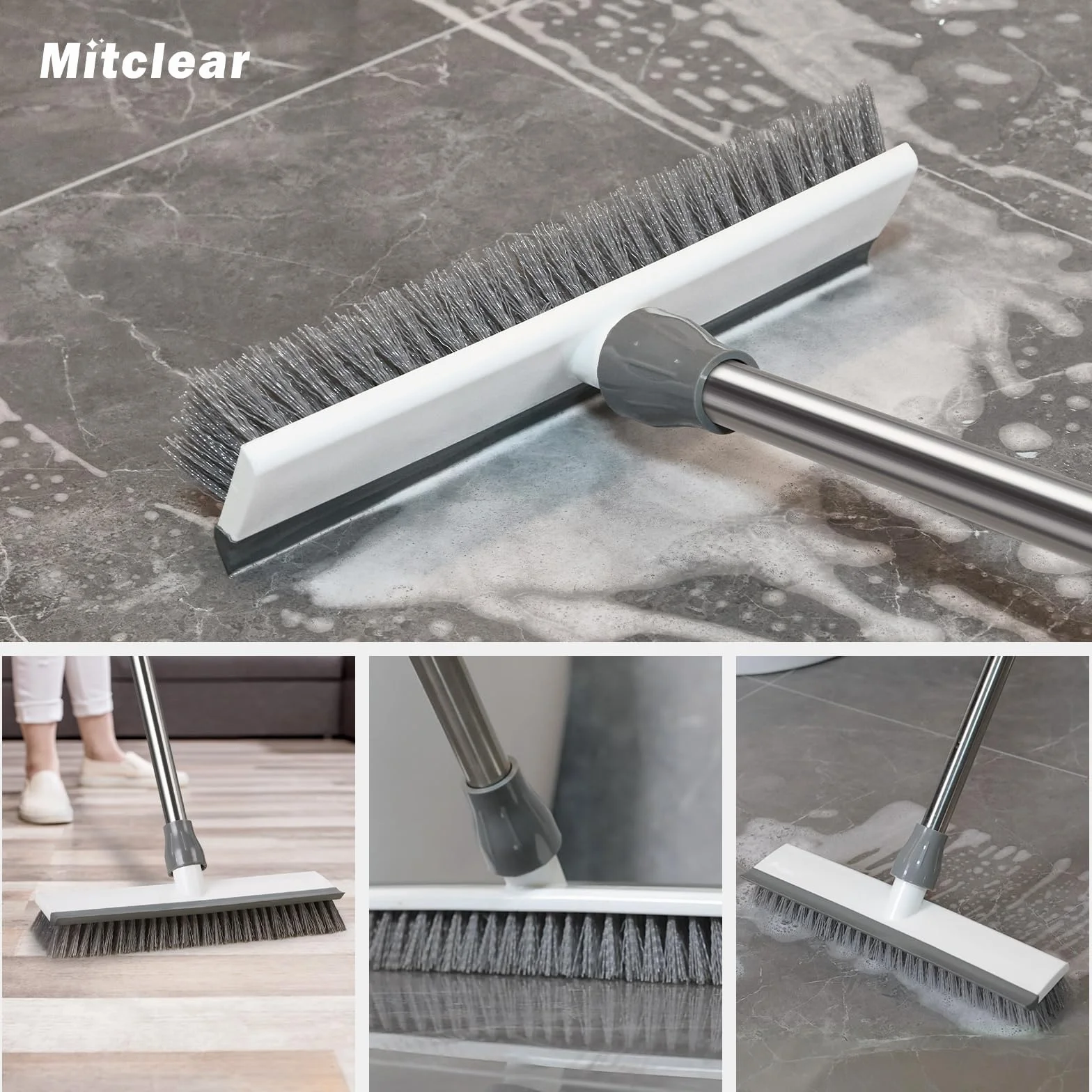 Mitclear Cepillo de Limpieza de Suelo con Mango Largo(128cm), 2-en-1 Escobilla de Cerdas Rígidas con Escobilla de Goma para Limpiar Azulejos, Pavimento in Legno, Cocina, Baño, Terraza, Patio, Garaje
