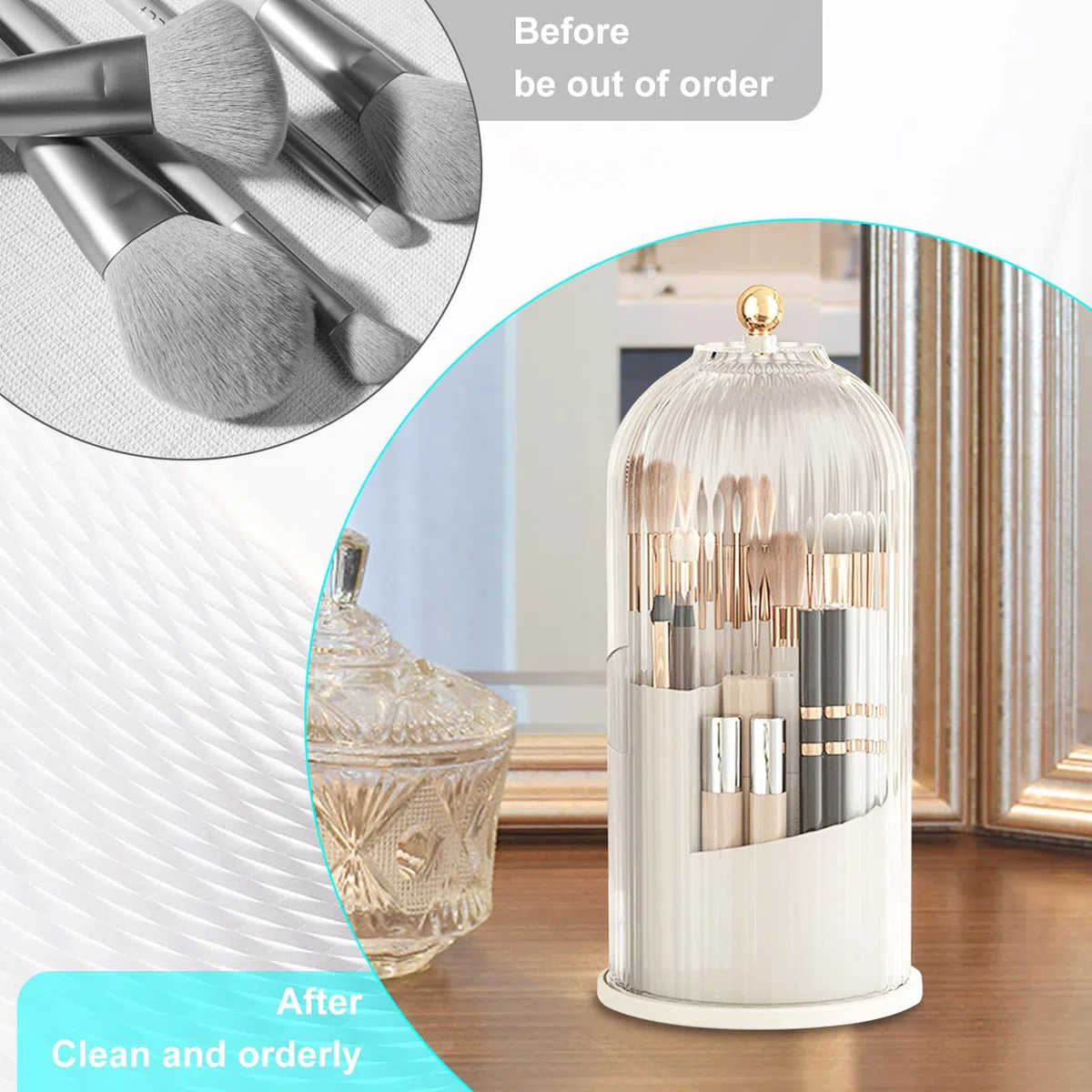Organizador De Maquillaje, Giratorio De 360 Grados, A Prueba De Polvo, Organizador De Brochas Con Tapa Para Tocador