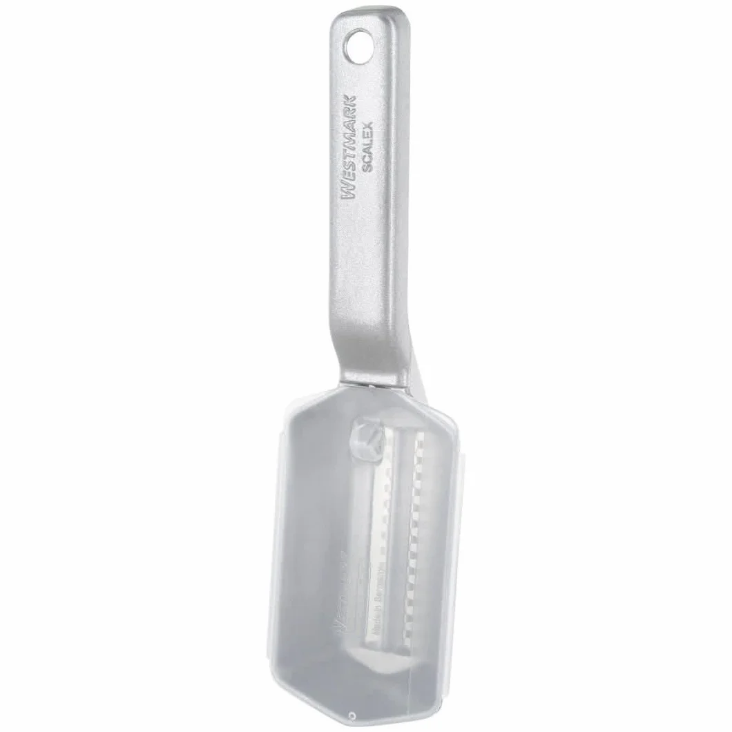 Westmark Escamador de pescado con bandeja de recogida de escamas, Aluminio, Revestimiento especial apto para alimentos, Acero inoxidable, 21 x 5,9 x 5,3 cm, Scalex, Plateado, 65002260