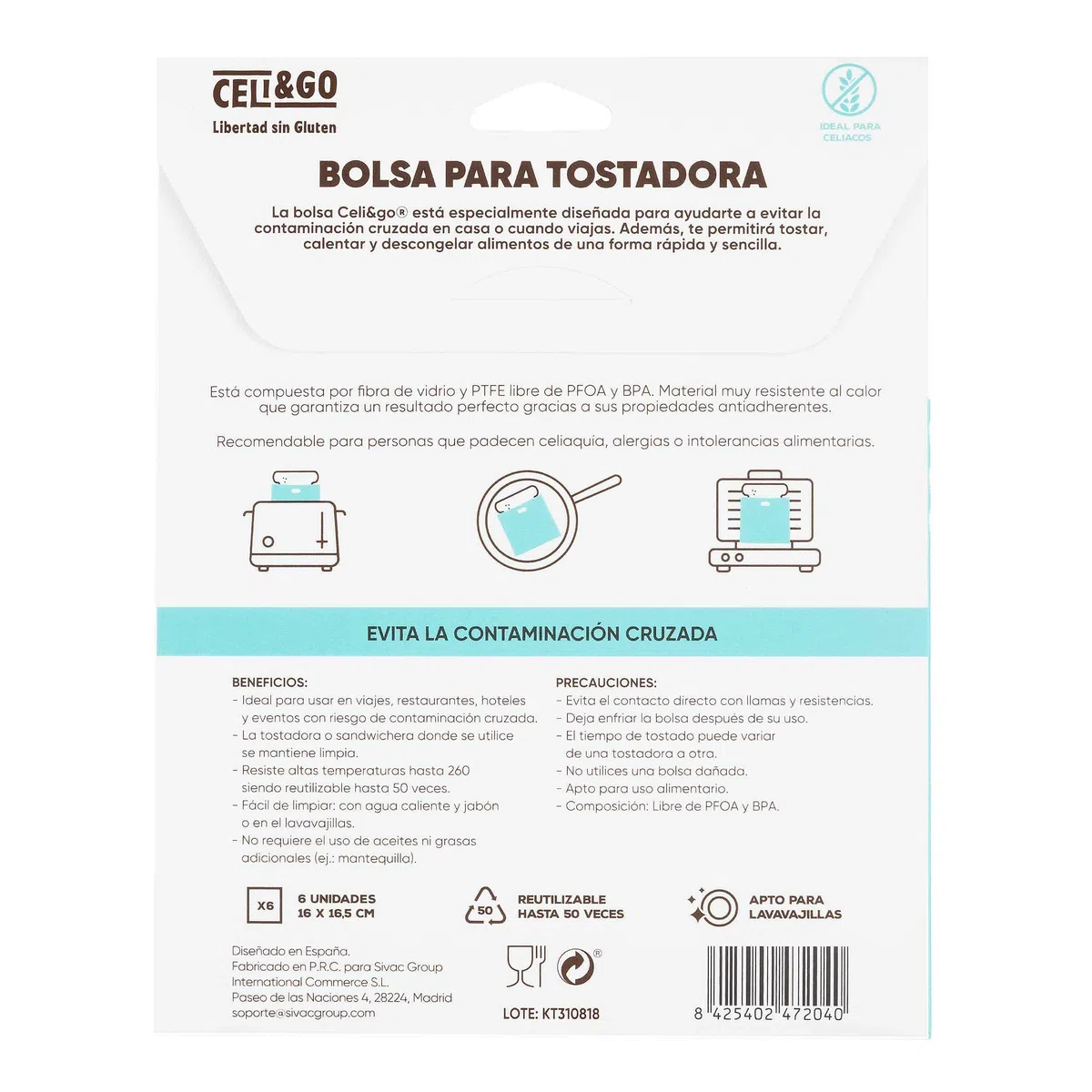 CELI&GO Bolsa para tostadora – Pack de 6 bolsas para tostadas antiadherentes, reutilizables, lavables, sin PFOA, evitar la contaminación cruzada, tamaño tostado 16 x 16,5 cm