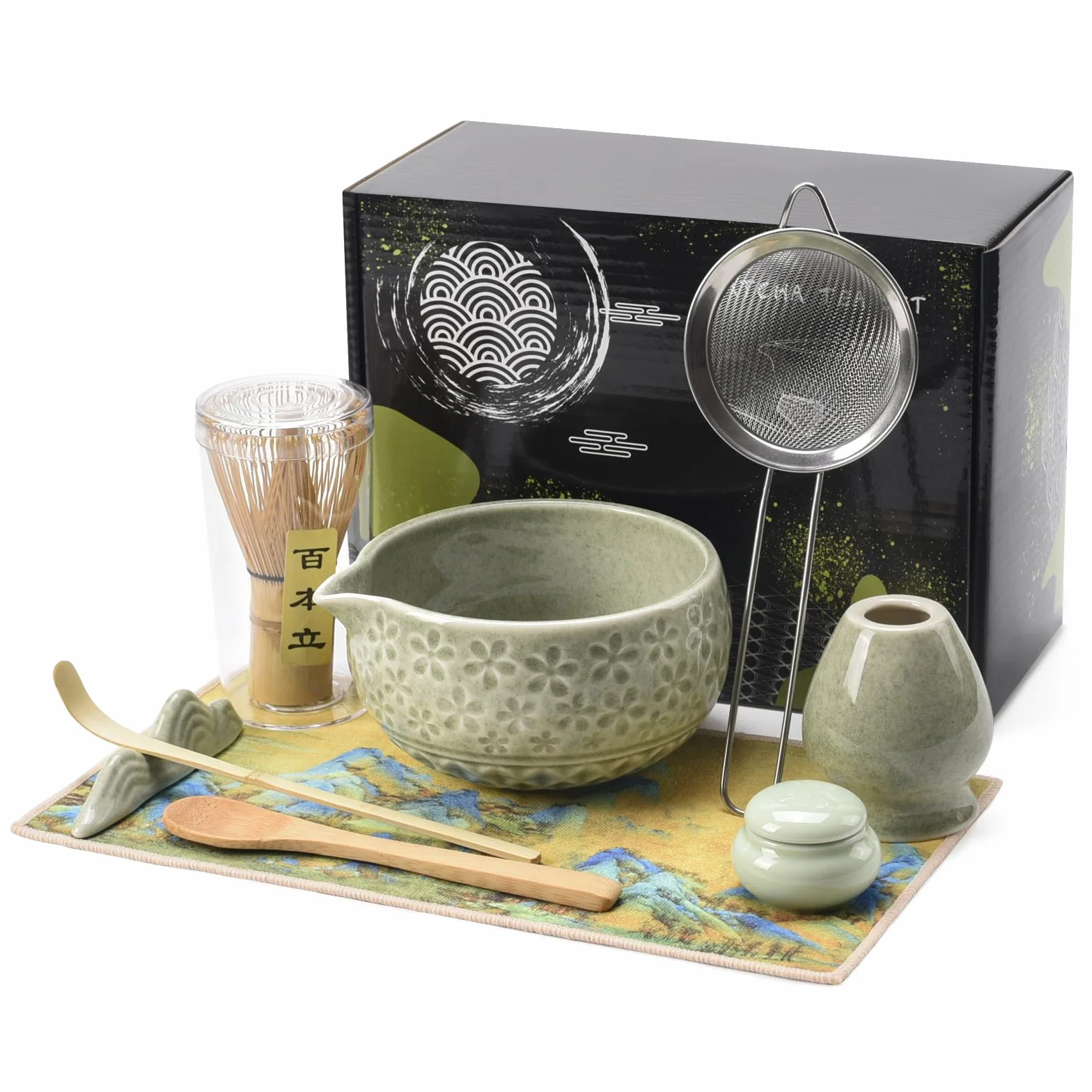 Matcha Kit | Set de Regalo de Ceremonia del Té Matcha 9 Piezas | Cuenco 560ml, Batidor, Cuchara de Bambú, Soporte, Posavasos, Frasco y Colador | Ideal para Principiantes y Entusiastas (Verde)