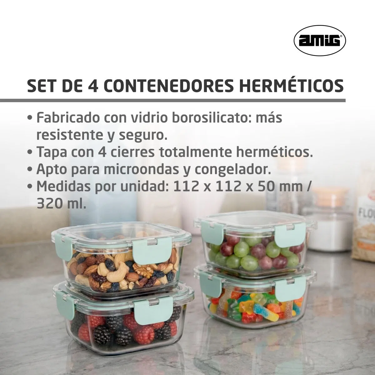 Amig - Set de 4 Recipientes cuadrados Herméticos para Alimentos - Capacidad: 320 ml - 112 x 112 x 50 mm - Contenedor de Cristal para Microondas, Horno, Congelador y Lavavajillas - Color verde