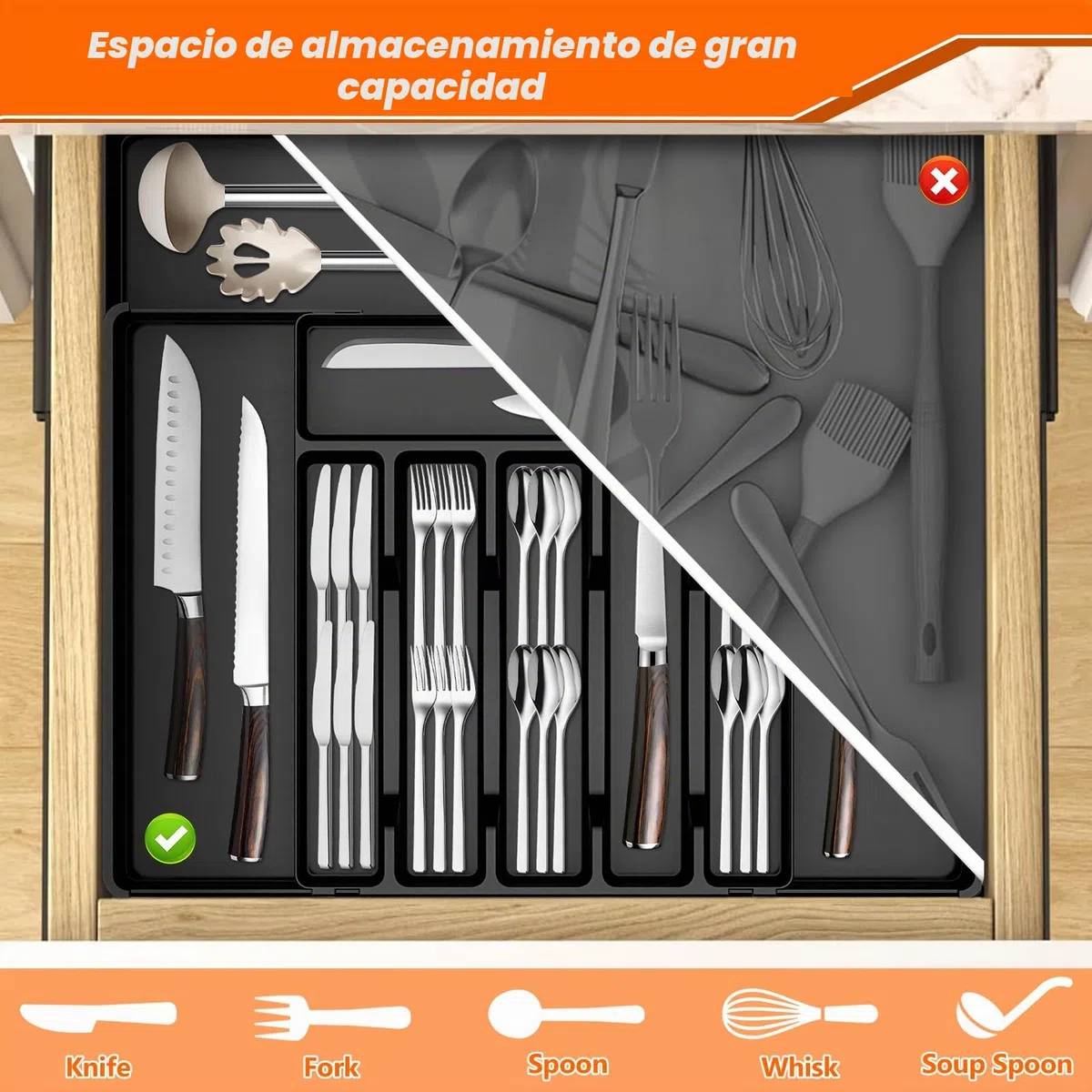 Organizador de Cubiertos, Organizador Cubiertos Expandible Para Cajon Con 10 Compartimentos, Bandeja Cuberteros para Cajon Cocina, Compacto para Cucharas Tenedores Cuchillos